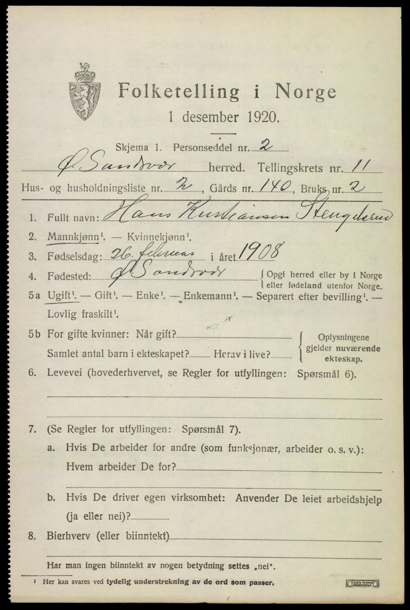 SAKO, 1920 census for Øvre Sandsvær, 1920, p. 5742
