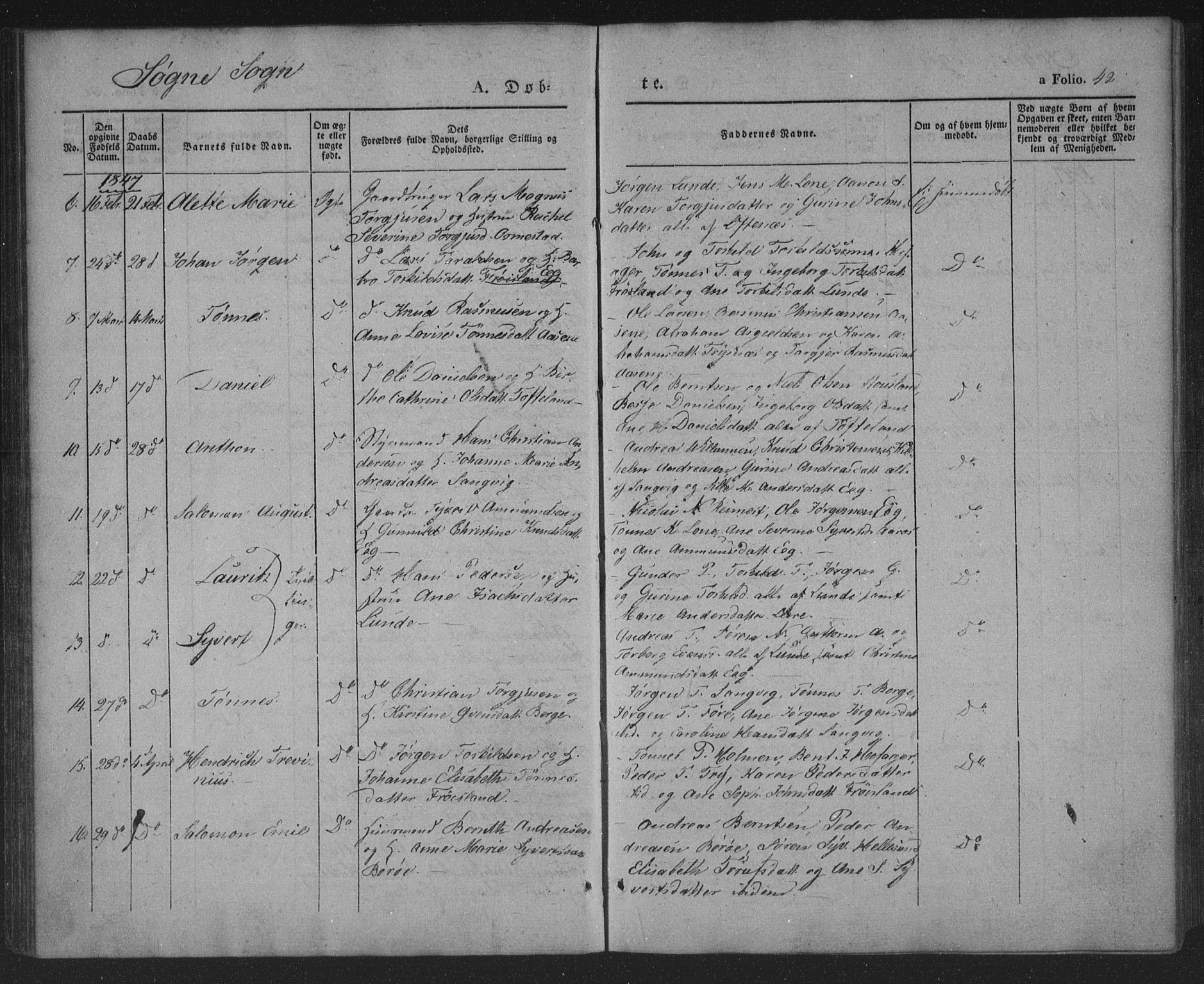 Søgne sokneprestkontor, AV/SAK-1111-0037/F/Fa/Fab/L0009: Parish register (official) no. A 9, 1838-1853, p. 42