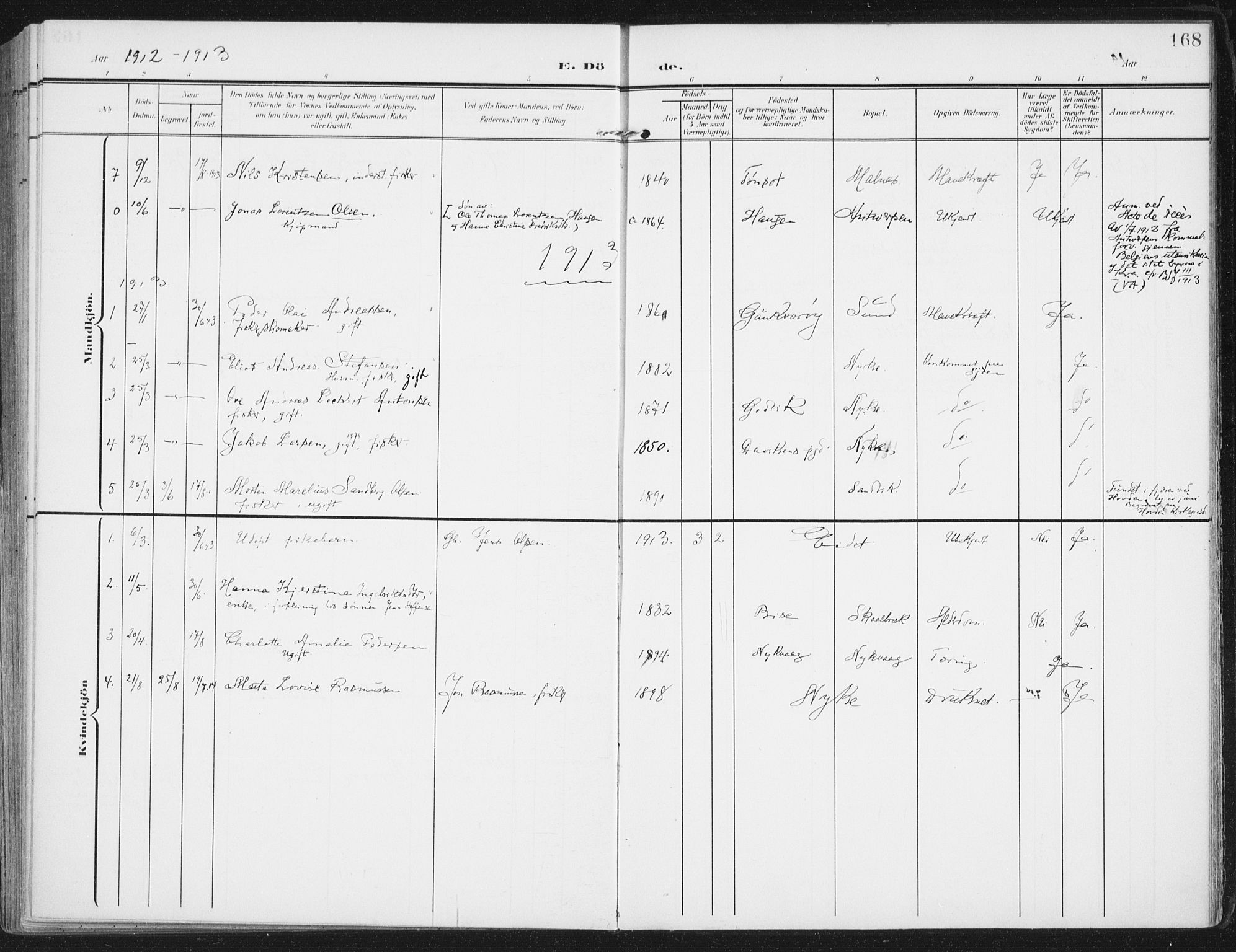 Ministerialprotokoller, klokkerbøker og fødselsregistre - Nordland, SAT/A-1459/892/L1321: Parish register (official) no. 892A02, 1902-1918, p. 168
