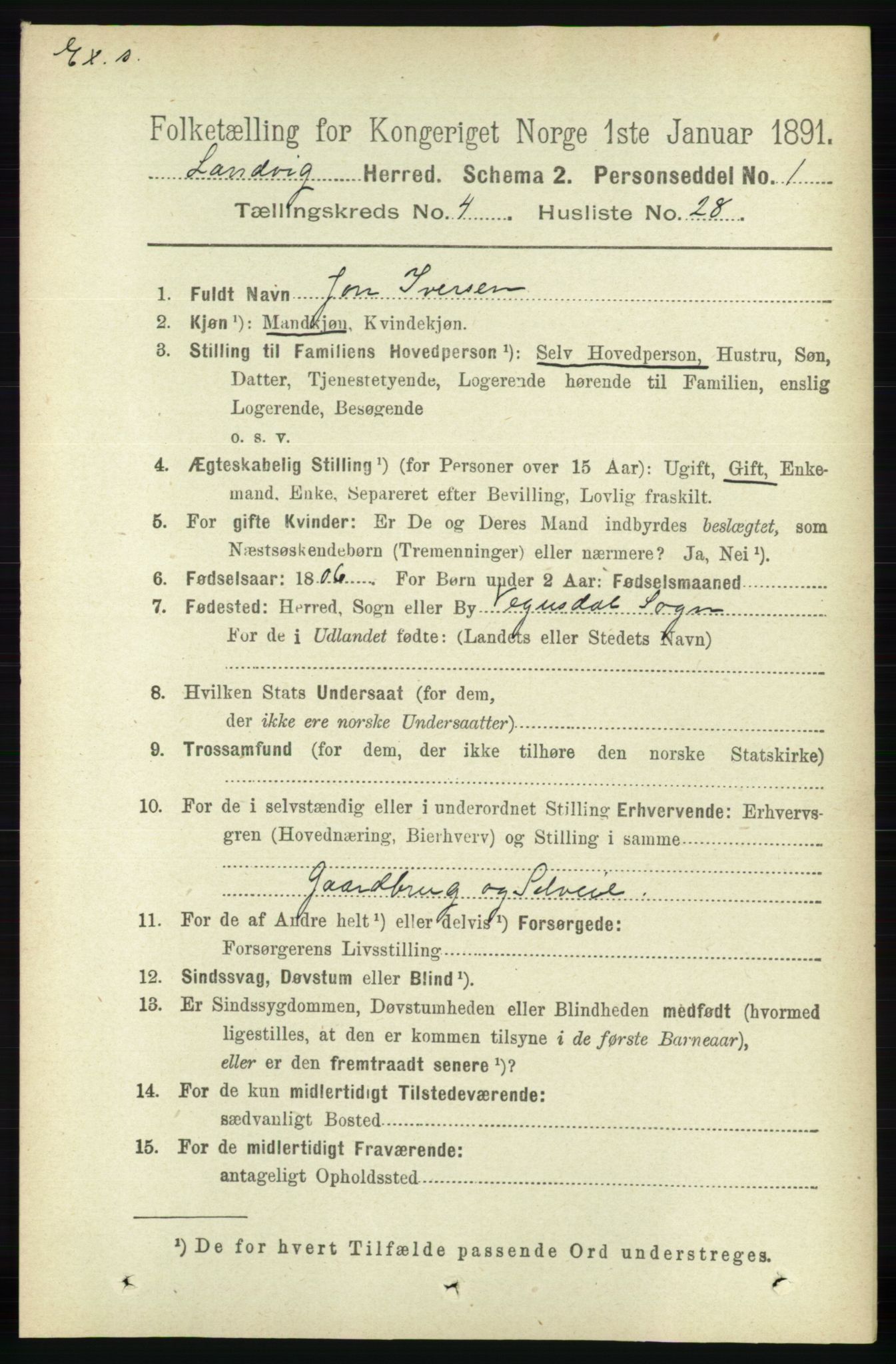 RA, Census 1891 for Nedenes amt: Gjenparter av personsedler for beslektede ektefeller, menn, 1891, p. 764