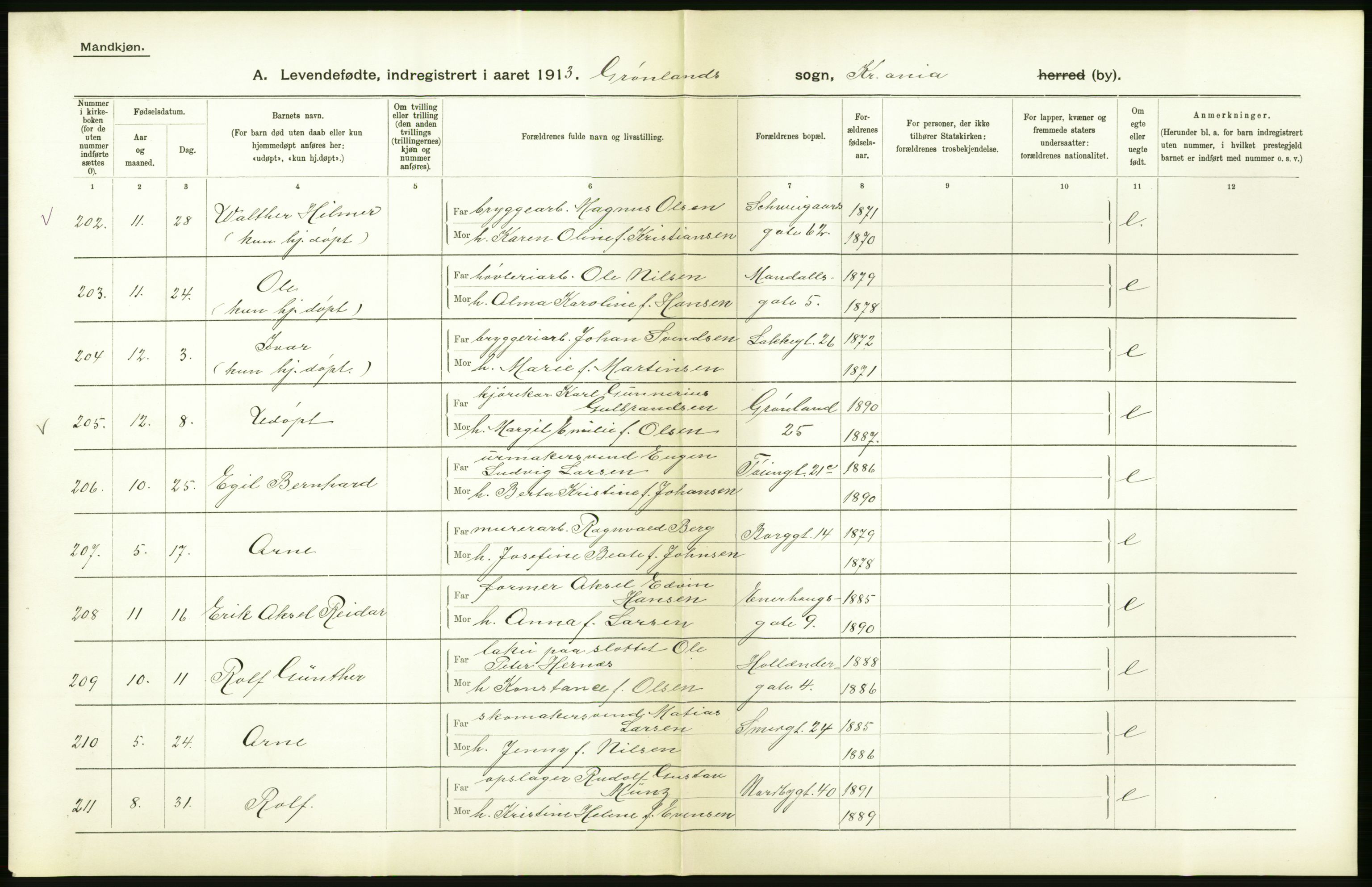 Statistisk sentralbyrå, Sosiodemografiske emner, Befolkning, AV/RA-S-2228/D/Df/Dfb/Dfbc/L0007: Kristiania: Levendefødte menn og kvinner., 1913, p. 604