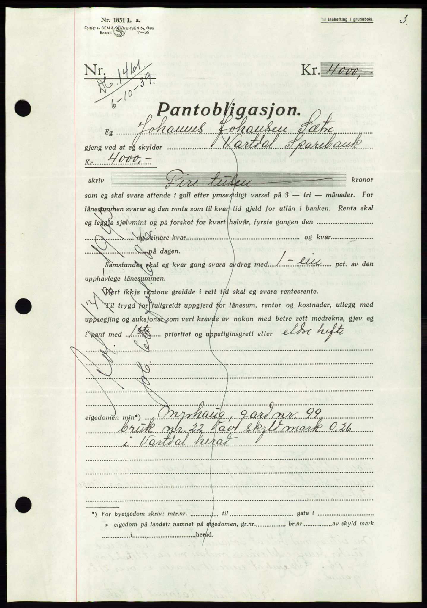 Søre Sunnmøre sorenskriveri, AV/SAT-A-4122/1/2/2C/L0069: Mortgage book no. 63, 1939-1940, Diary no: : 1461/1939