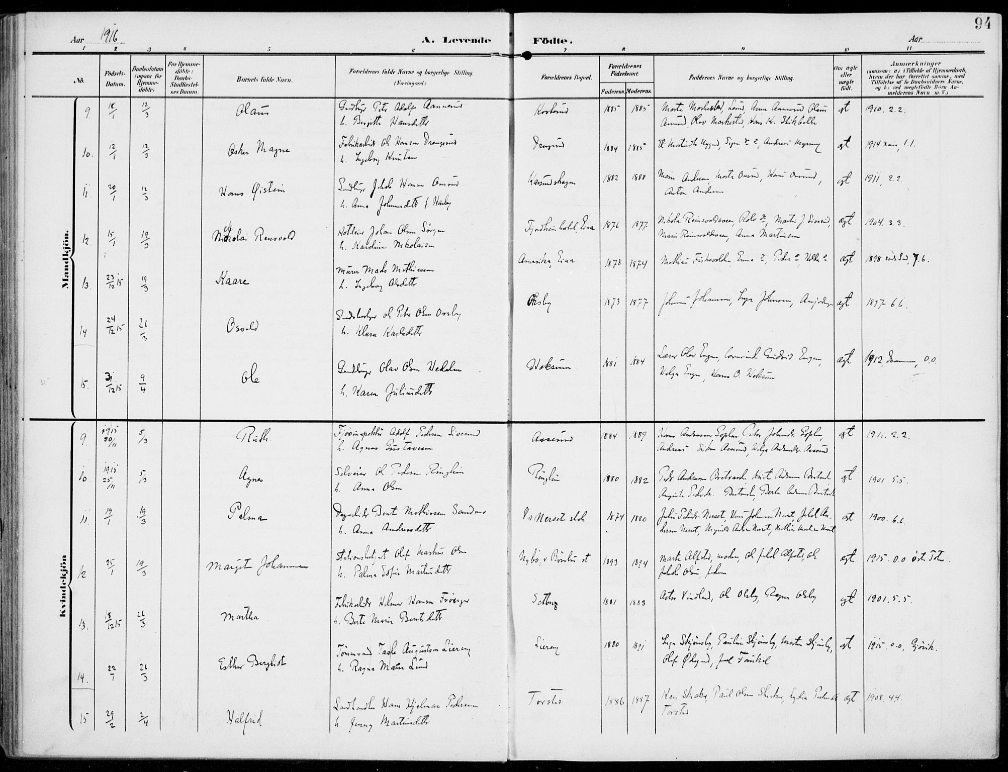 Vestre Toten prestekontor, AV/SAH-PREST-108/H/Ha/Haa/L0014: Parish register (official) no. 14, 1907-1920, p. 94