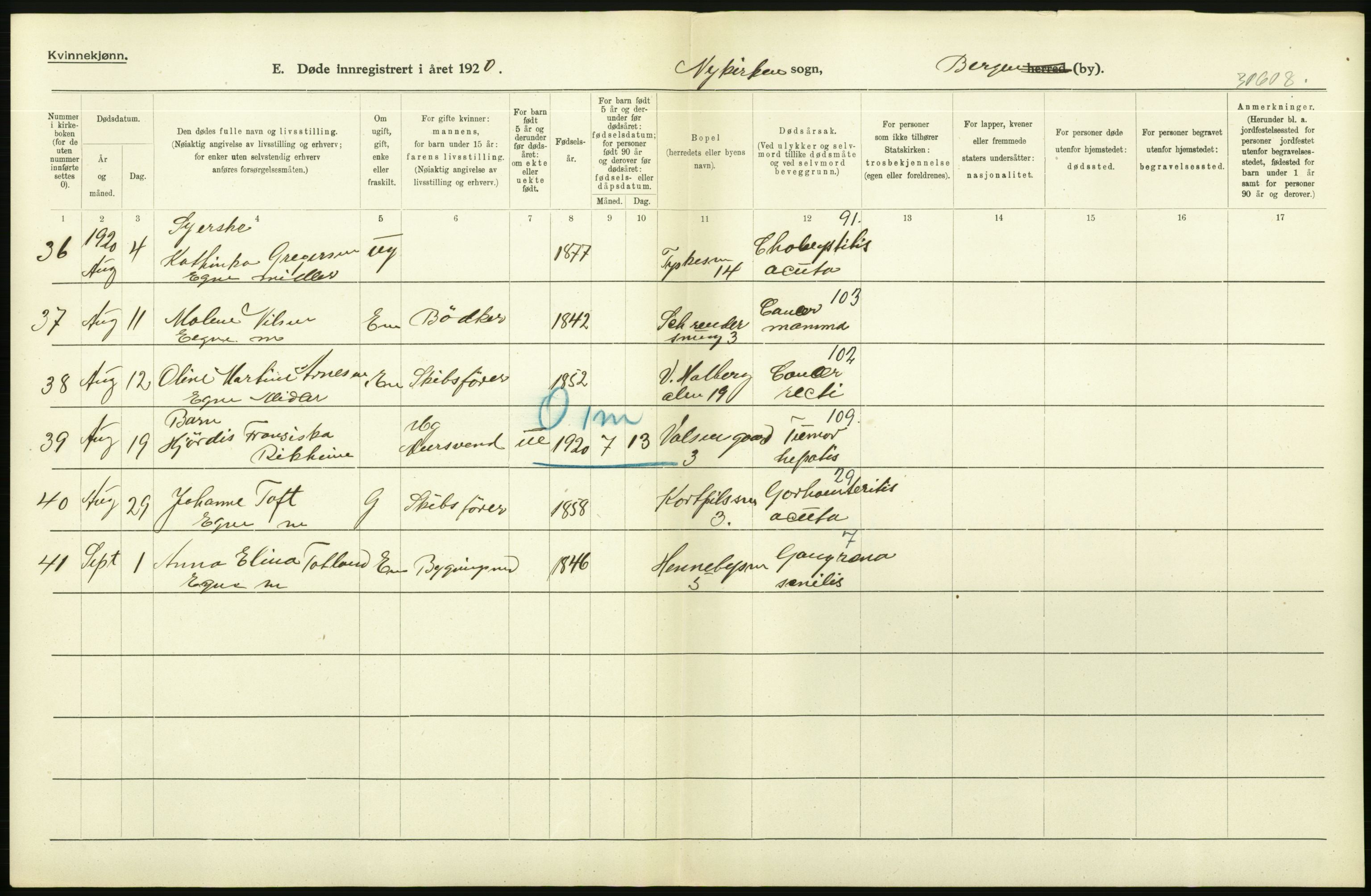 Statistisk sentralbyrå, Sosiodemografiske emner, Befolkning, AV/RA-S-2228/D/Df/Dfb/Dfbj/L0042: Bergen: Gifte, døde, dødfødte., 1920, p. 552