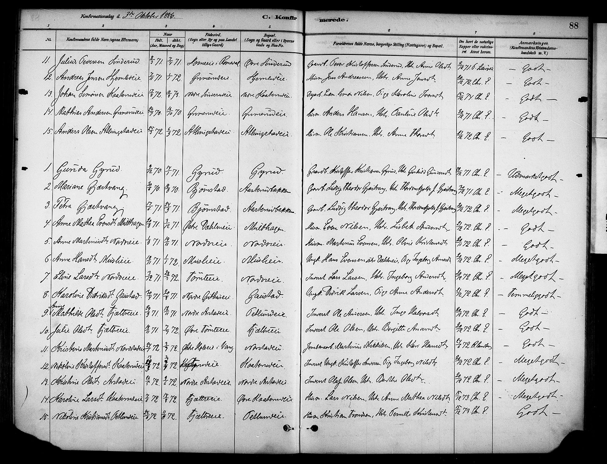 Stange prestekontor, AV/SAH-PREST-002/K/L0019: Parish register (official) no. 19, 1880-1891, p. 88