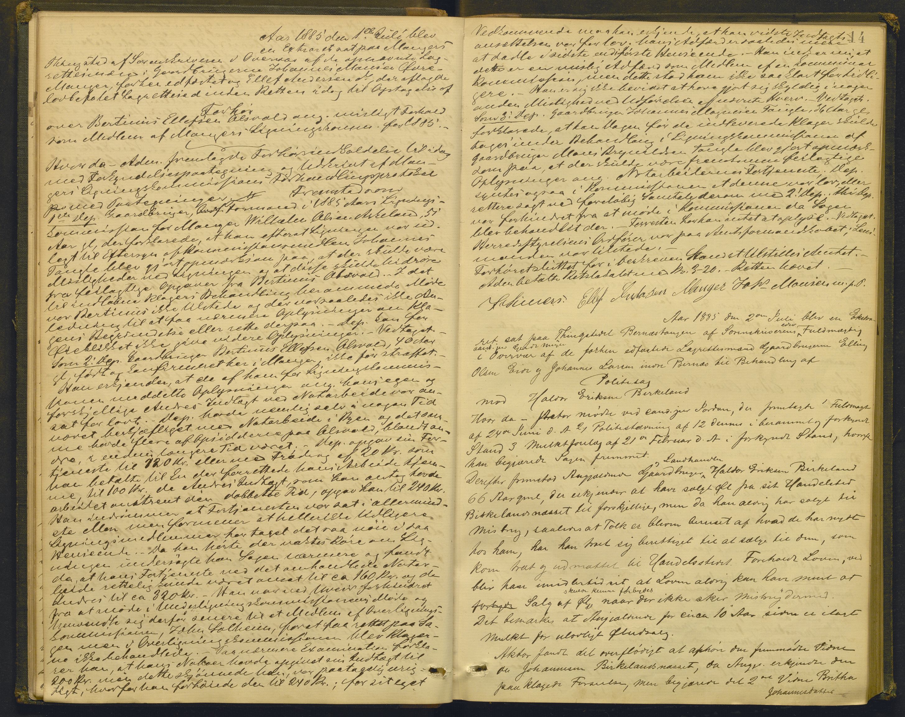 Nordhordland sorenskrivar, AV/SAB-A-2901/1/F/Fd/Fdd/L0005: Ekstrarettsprotokollar, forhøyr, 1884-1890, p. 13b-14a
