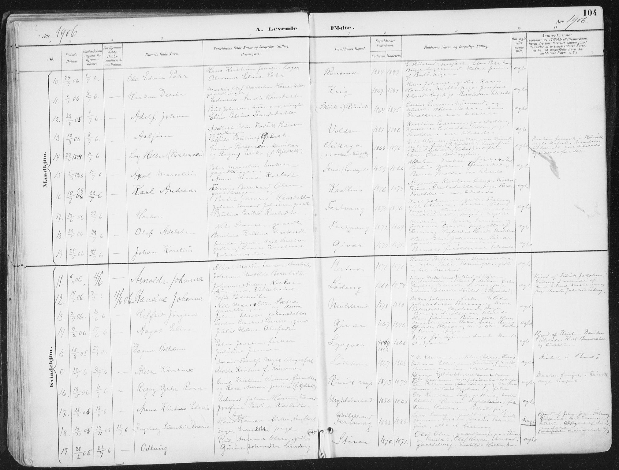 Ministerialprotokoller, klokkerbøker og fødselsregistre - Nordland, AV/SAT-A-1459/802/L0055: Parish register (official) no. 802A02, 1894-1915, p. 104