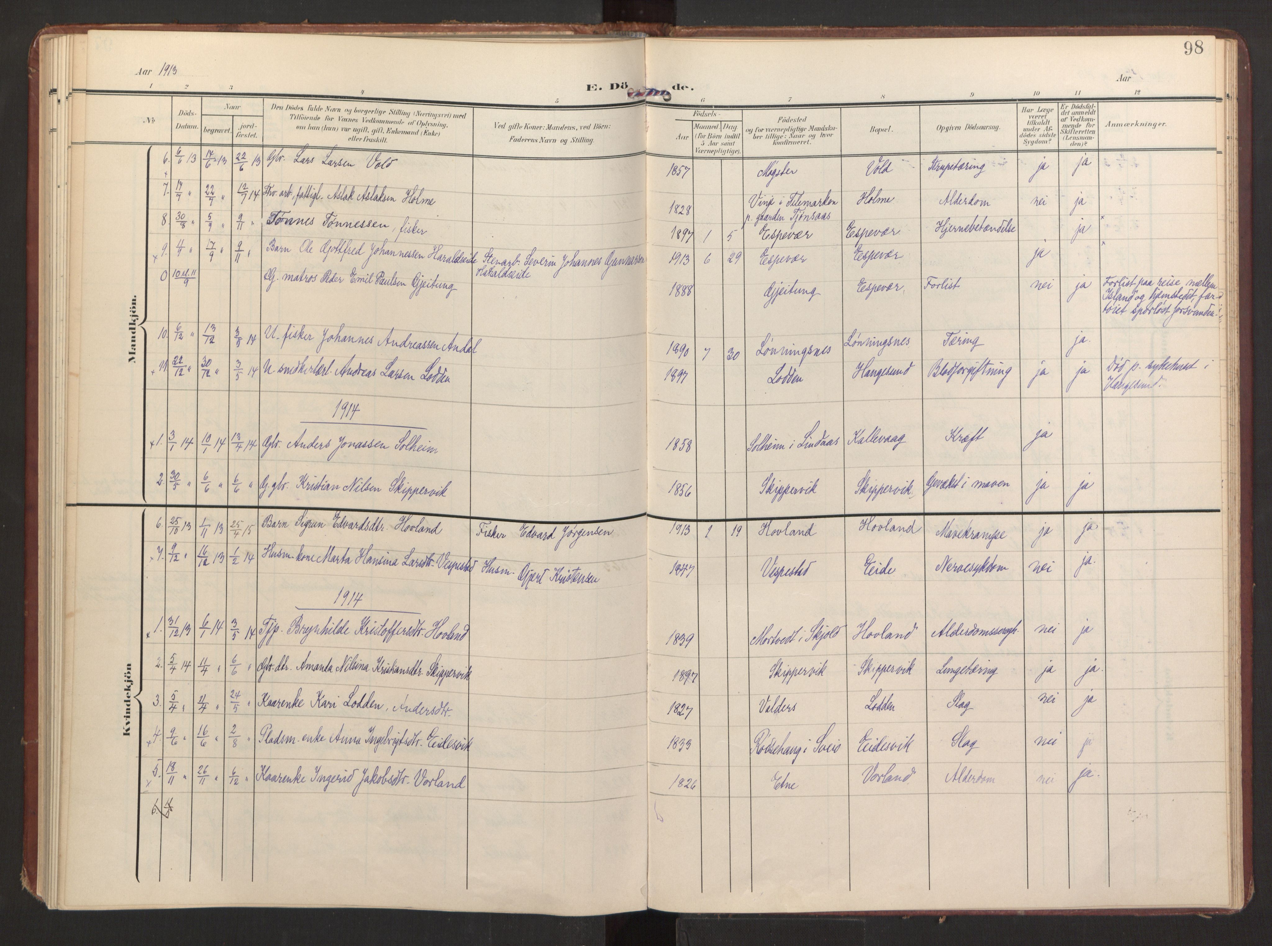 Finnås sokneprestembete, SAB/A-99925/H/Ha/Haa/Haad/L0003: Parish register (official) no. D 3, 1907-1921, p. 98