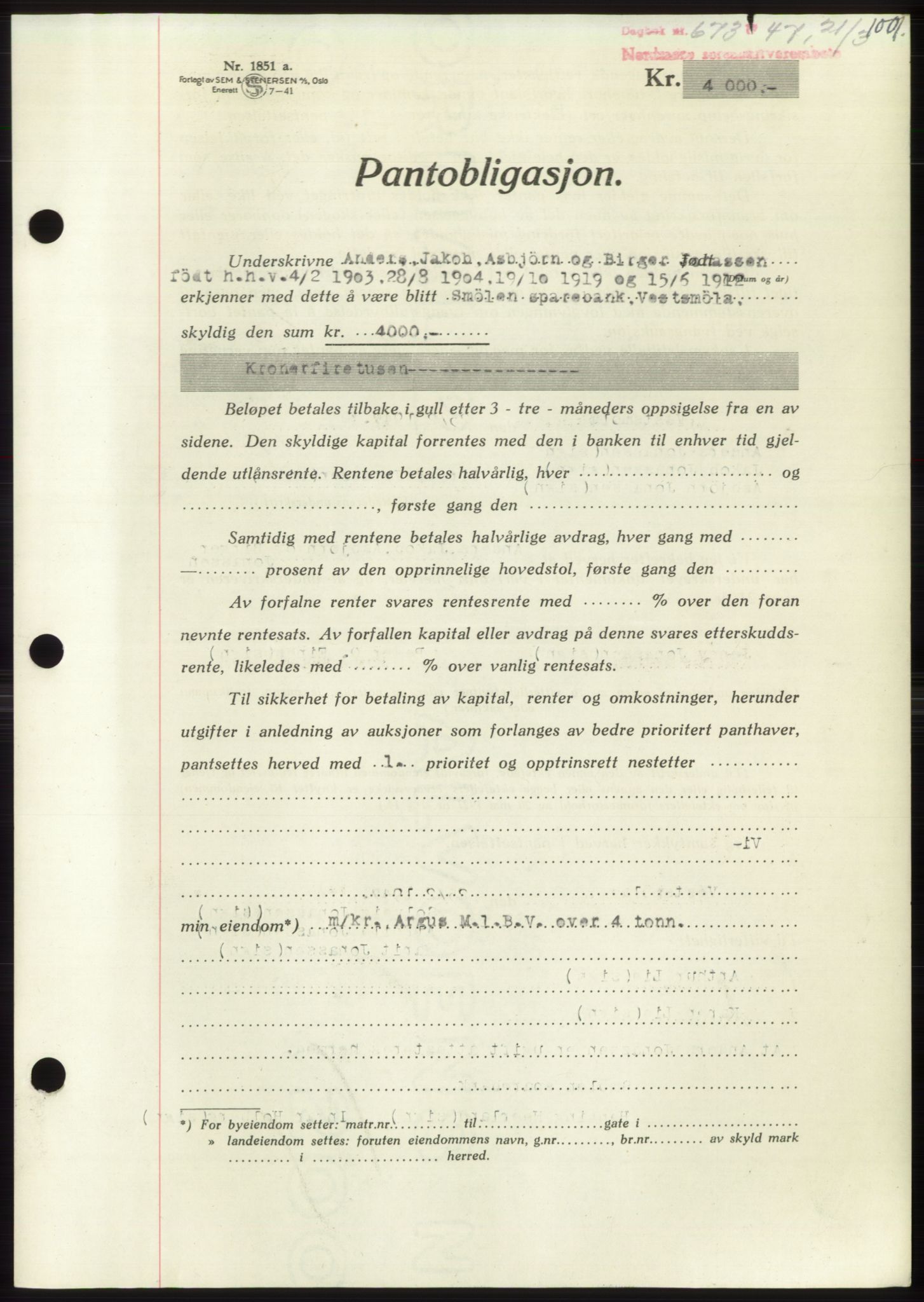 Nordmøre sorenskriveri, AV/SAT-A-4132/1/2/2Ca: Mortgage book no. B95, 1946-1947, Diary no: : 673/1947