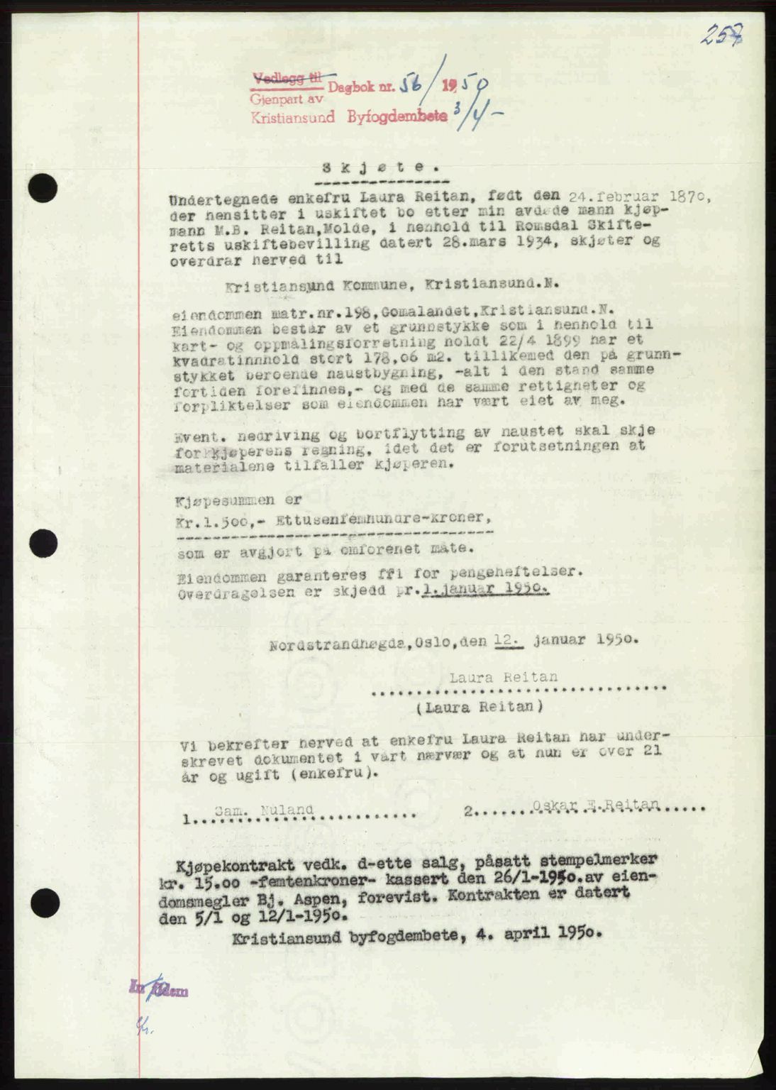 Kristiansund byfogd, AV/SAT-A-4587/A/27: Mortgage book no. 46, 1949-1950, Diary no: : 561/1950