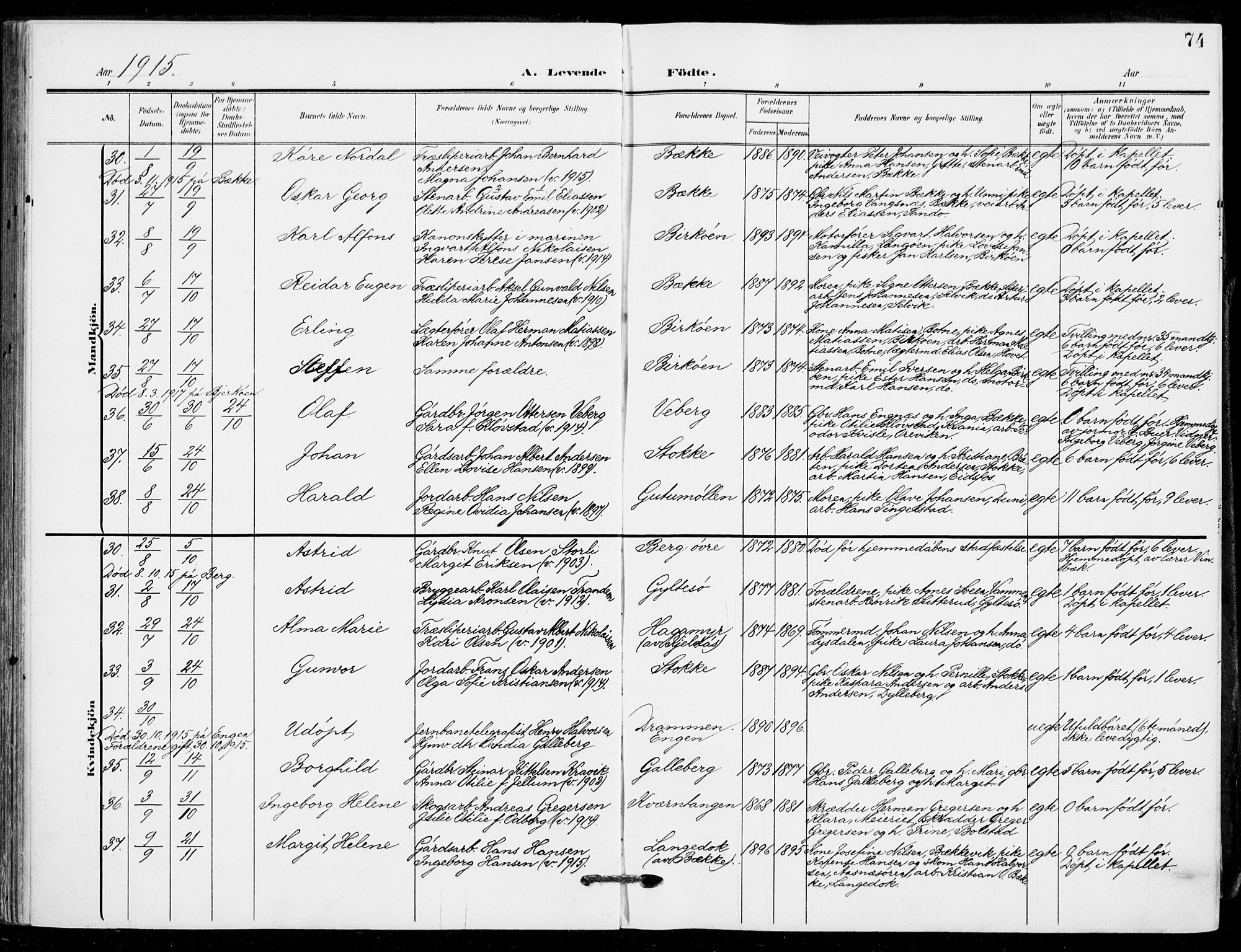 Sande Kirkebøker, AV/SAKO-A-53/F/Fa/L0008: Parish register (official) no. 8, 1904-1921, p. 74