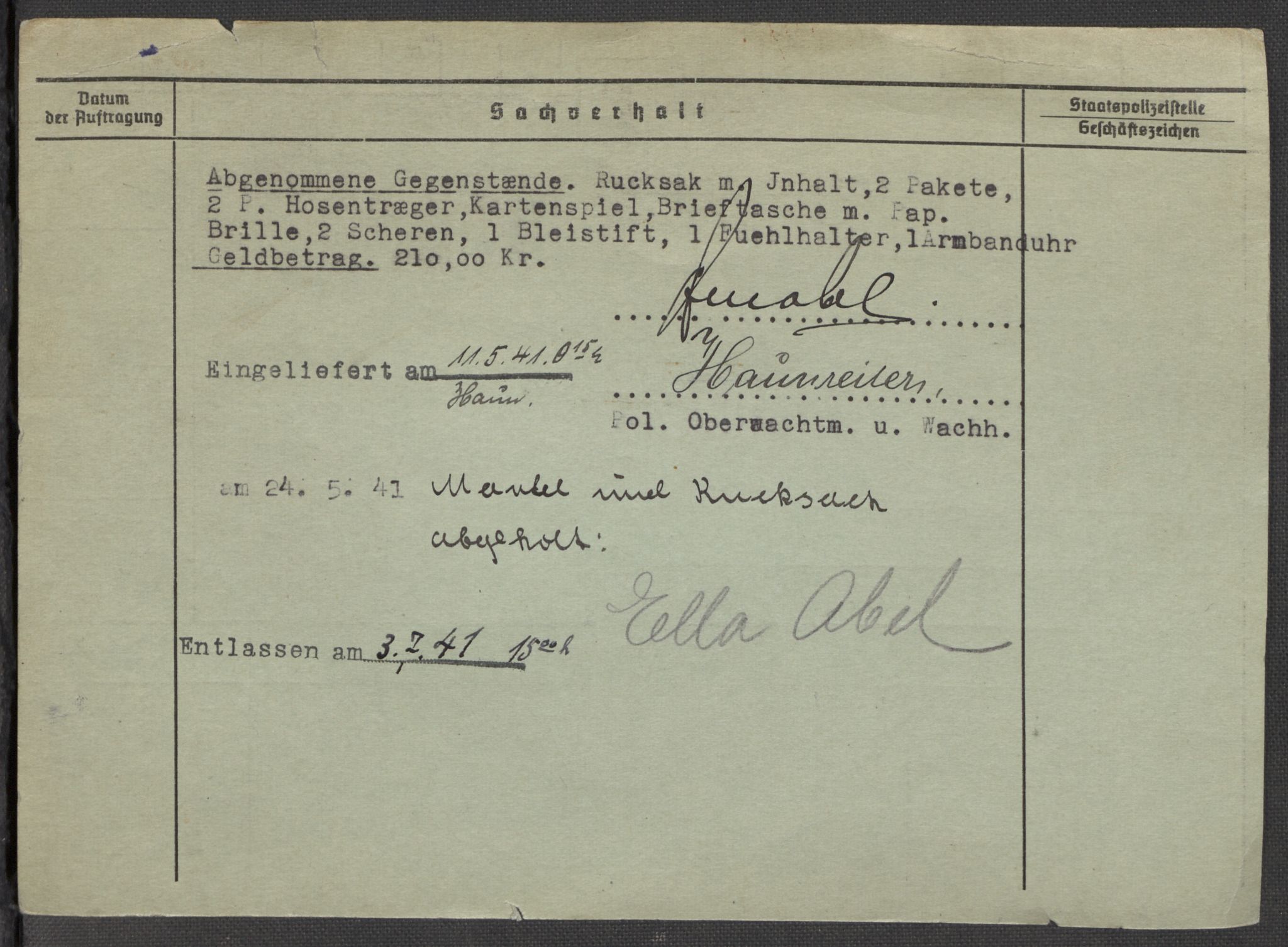 Befehlshaber der Sicherheitspolizei und des SD, AV/RA-RAFA-5969/E/Ea/Eaa/L0001: Register over norske fanger i Møllergata 19: A-Bj, 1940-1945, p. 7