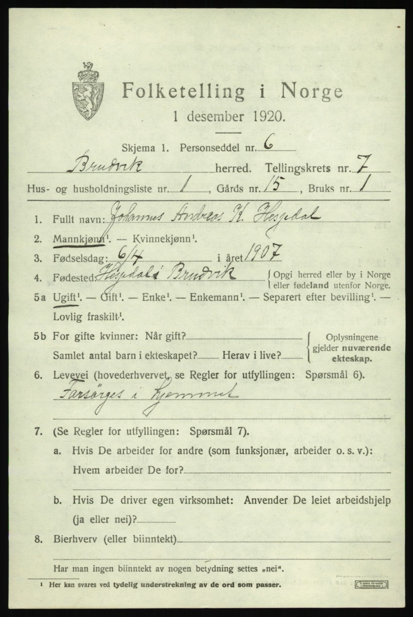 SAB, 1920 census for Bruvik, 1920, p. 4900