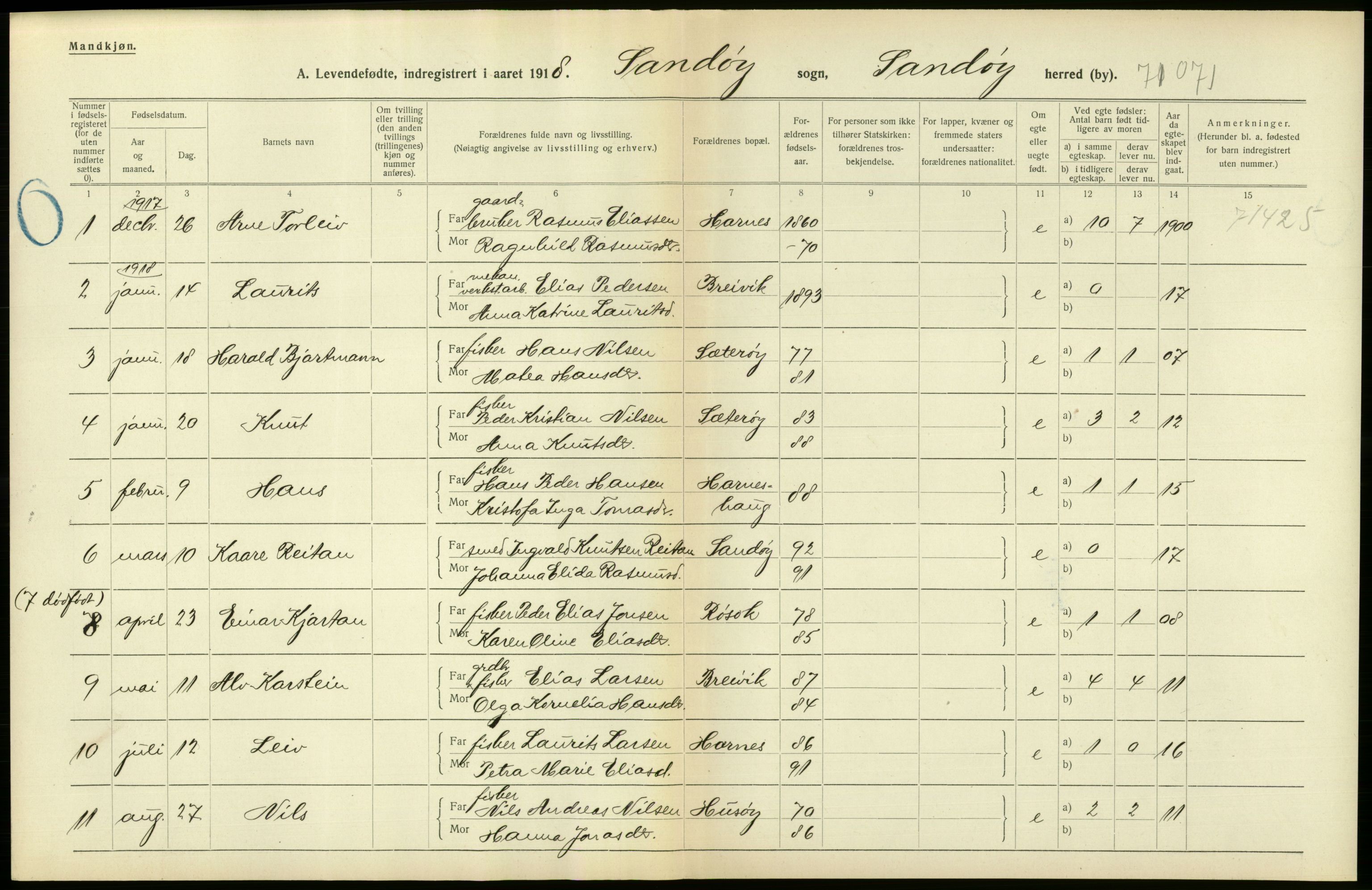 Statistisk sentralbyrå, Sosiodemografiske emner, Befolkning, RA/S-2228/D/Df/Dfb/Dfbh/L0043: Møre fylke: Levendefødte menn og kvinner. Bygder., 1918, p. 606