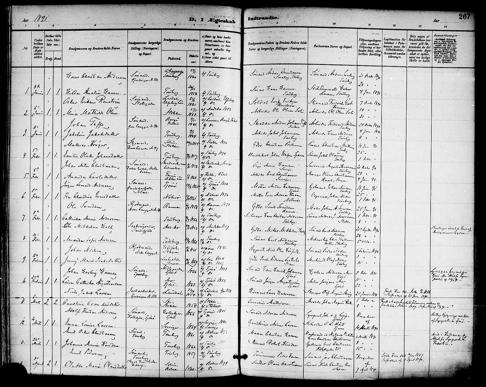 Tønsberg kirkebøker, SAKO/A-330/F/Fa/L0012: Parish register (official) no. I 12, 1891-1899, p. 267