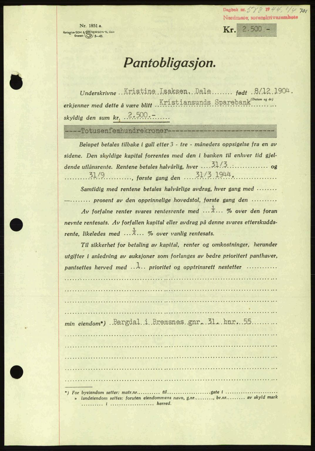 Nordmøre sorenskriveri, AV/SAT-A-4132/1/2/2Ca: Mortgage book no. B91, 1943-1944, Diary no: : 573/1944