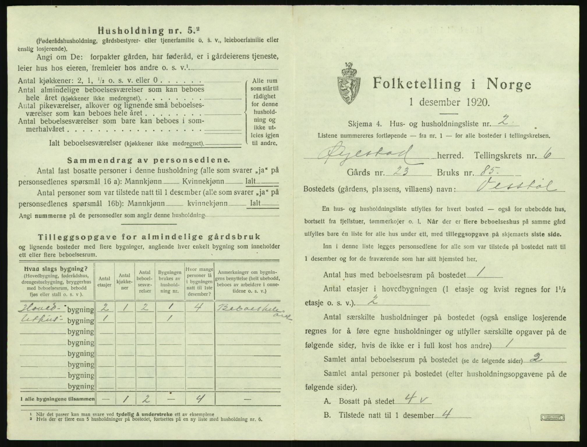 SAK, 1920 census for Øyestad, 1920, p. 504