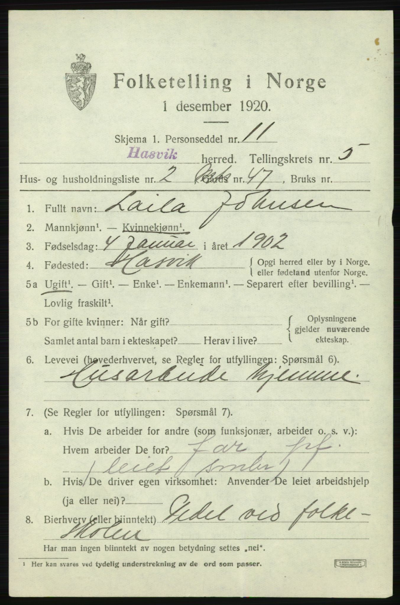 SATØ, 1920 census for Hasvik, 1920, p. 2345