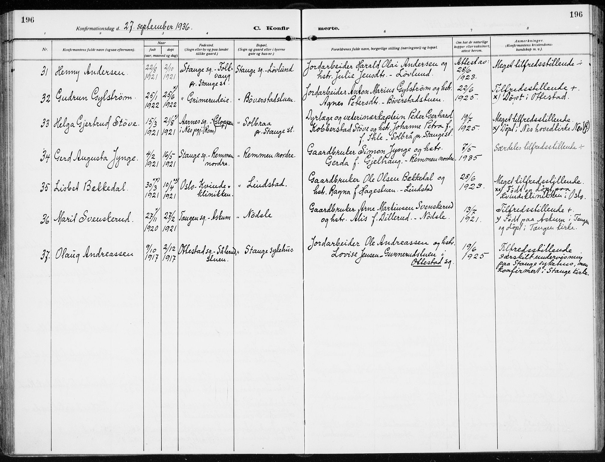 Stange prestekontor, AV/SAH-PREST-002/K/L0026: Parish register (official) no. 26, 1923-1937, p. 196