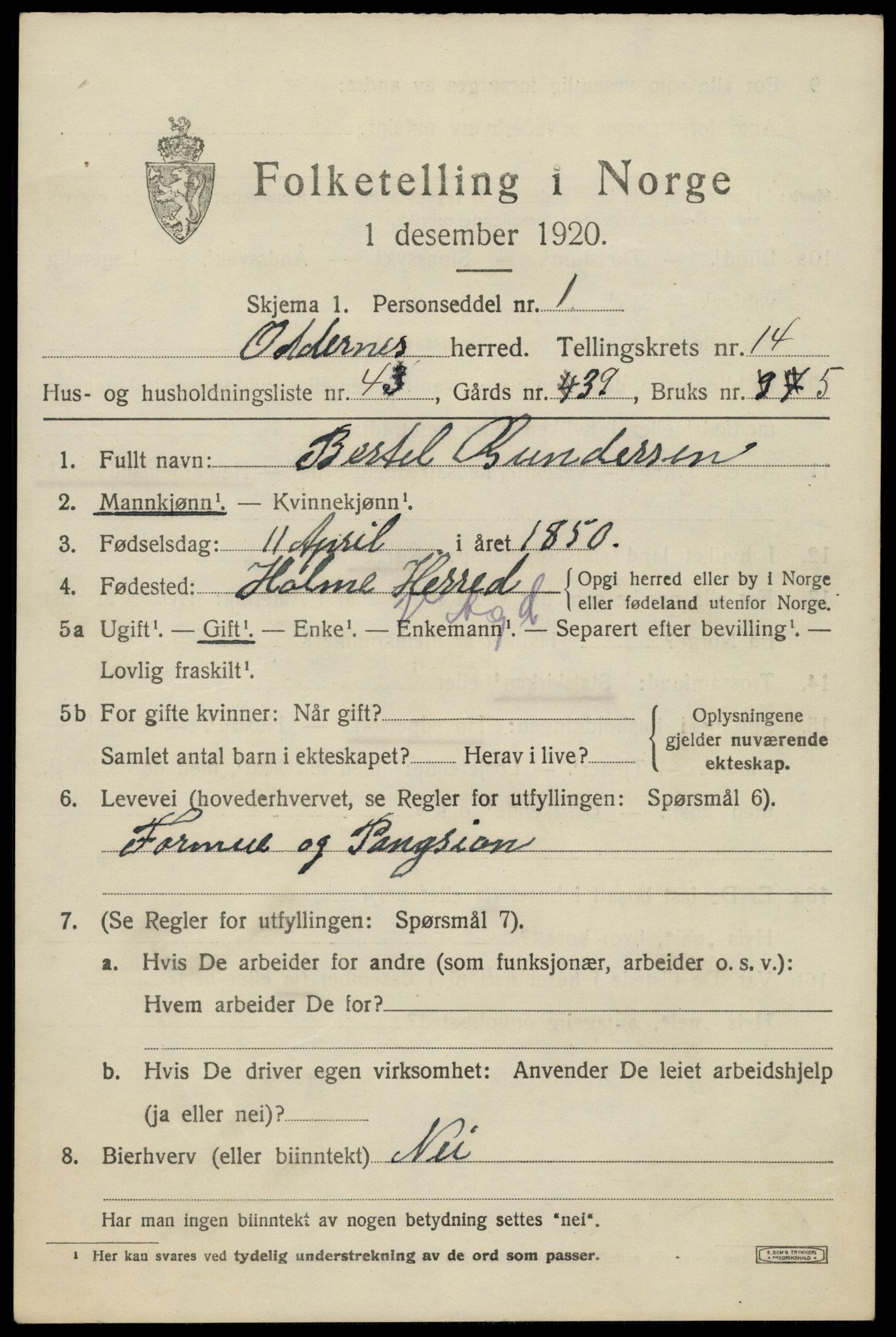 SAK, 1920 census for Oddernes, 1920, p. 8957