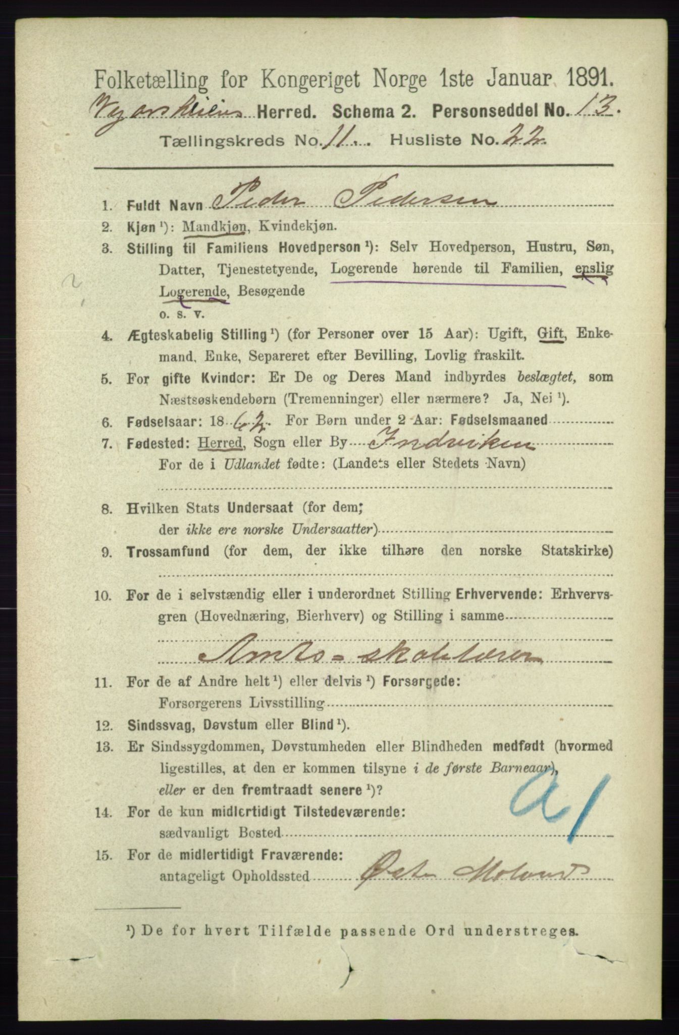 RA, 1891 census for 0912 Vegårshei, 1891, p. 2367