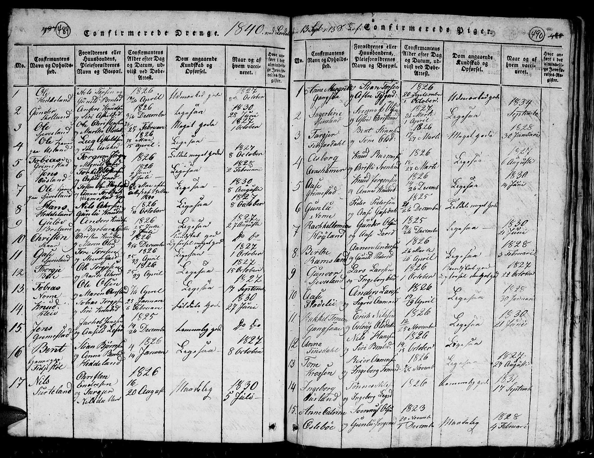 Holum sokneprestkontor, SAK/1111-0022/F/Fb/Fbc/L0001: Parish register (copy) no. B 1, 1820-1859, p. 489-490