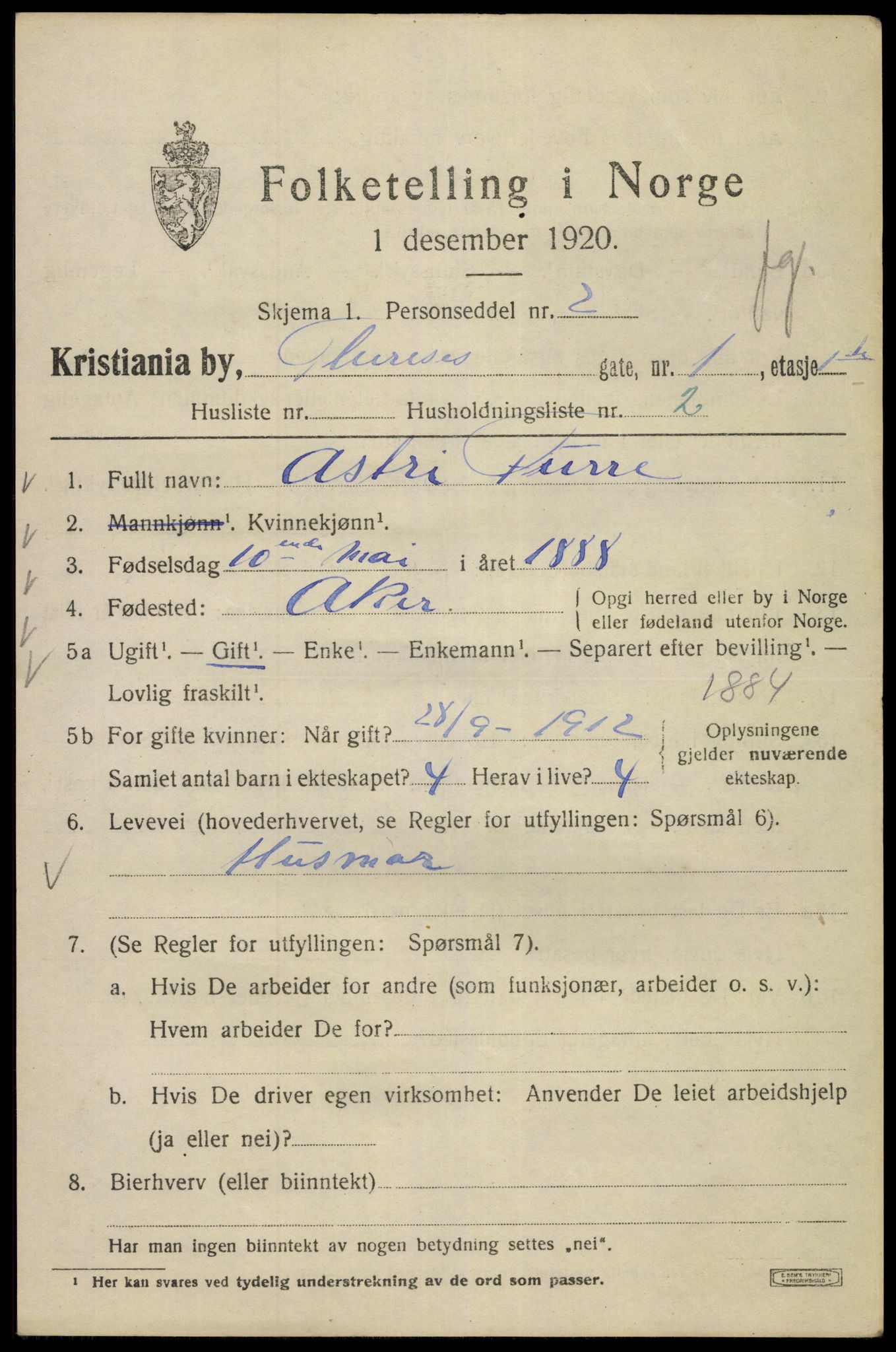 SAO, 1920 census for Kristiania, 1920, p. 565659