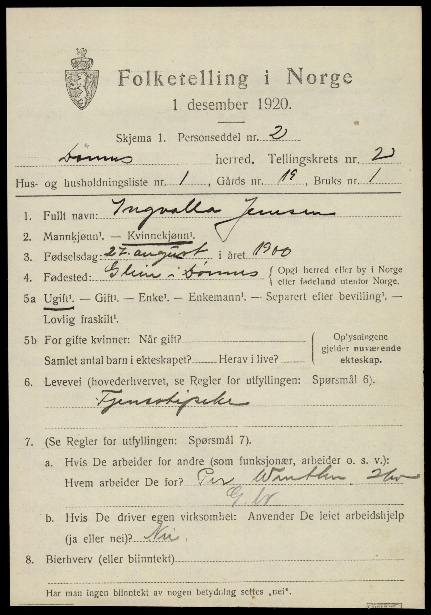 SAT, 1920 census for Dønnes, 1920, p. 1218