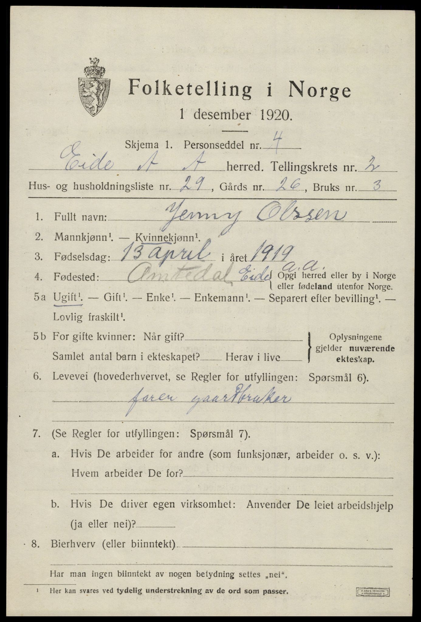 SAK, 1920 census for Eide, 1920, p. 952