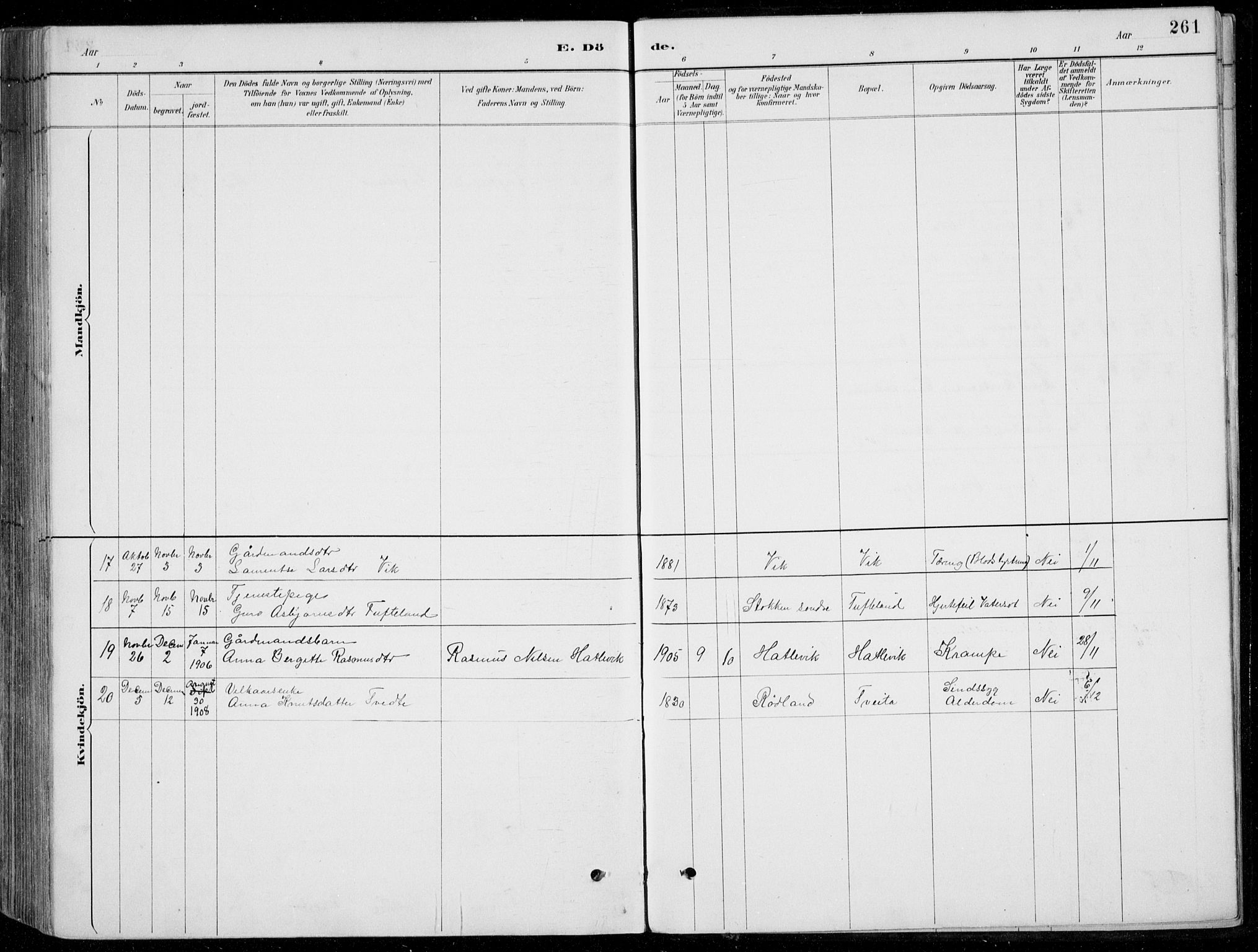 Fitjar sokneprestembete, AV/SAB-A-99926: Parish register (copy) no. A 2, 1887-1906, p. 261