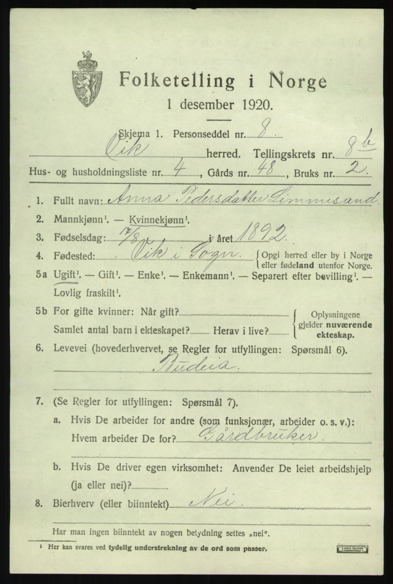 SAB, 1920 census for Vik, 1920, p. 5515