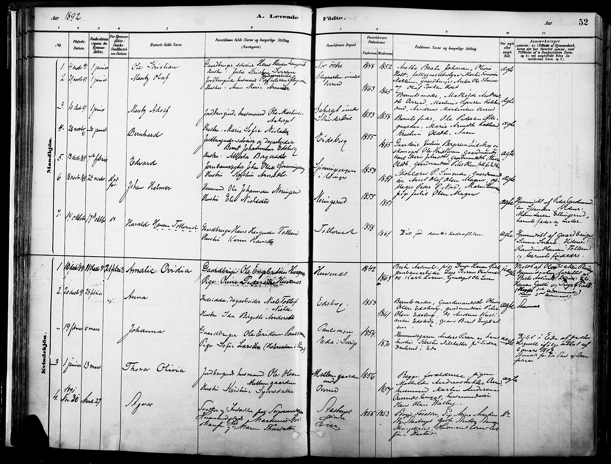 Vinger prestekontor, SAH/PREST-024/H/Ha/Haa/L0014: Parish register (official) no. 14, 1881-1900, p. 52