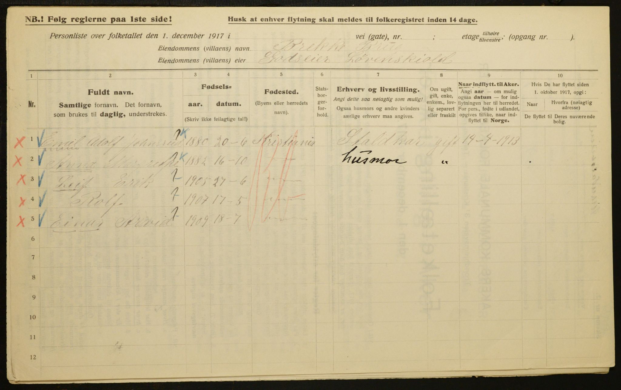 OBA, Municipal Census 1917 for Aker, 1917, p. 11033