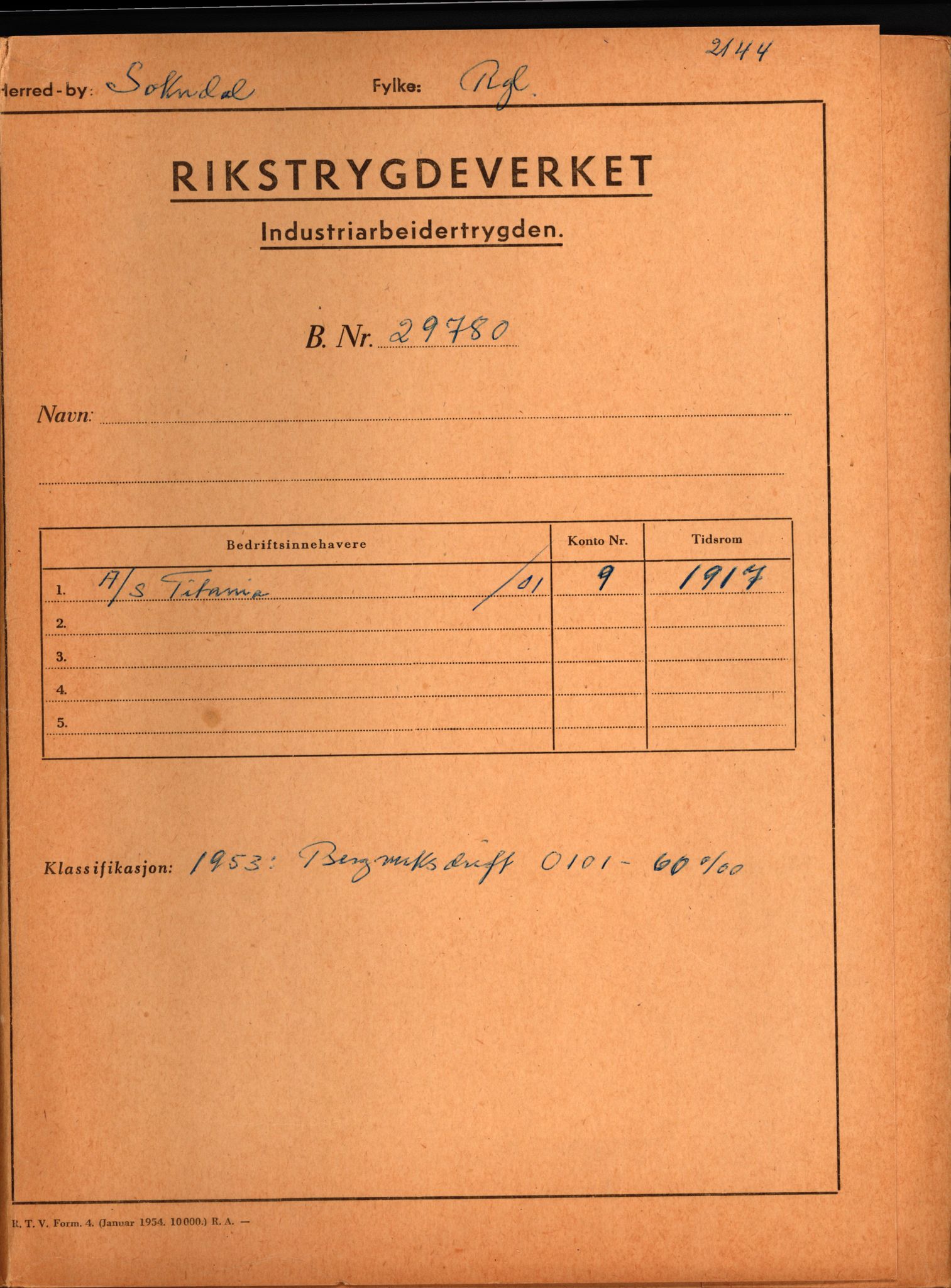 Rikstrygdeverket, Ulykkestrygdavdelingen, 1. ulykkestrygdkontor, AV/RA-S-4852/D/Dk/L1525/0001: -- / Sokndal: 29780 A/S Titania (Gruvedrift), 1917-1959