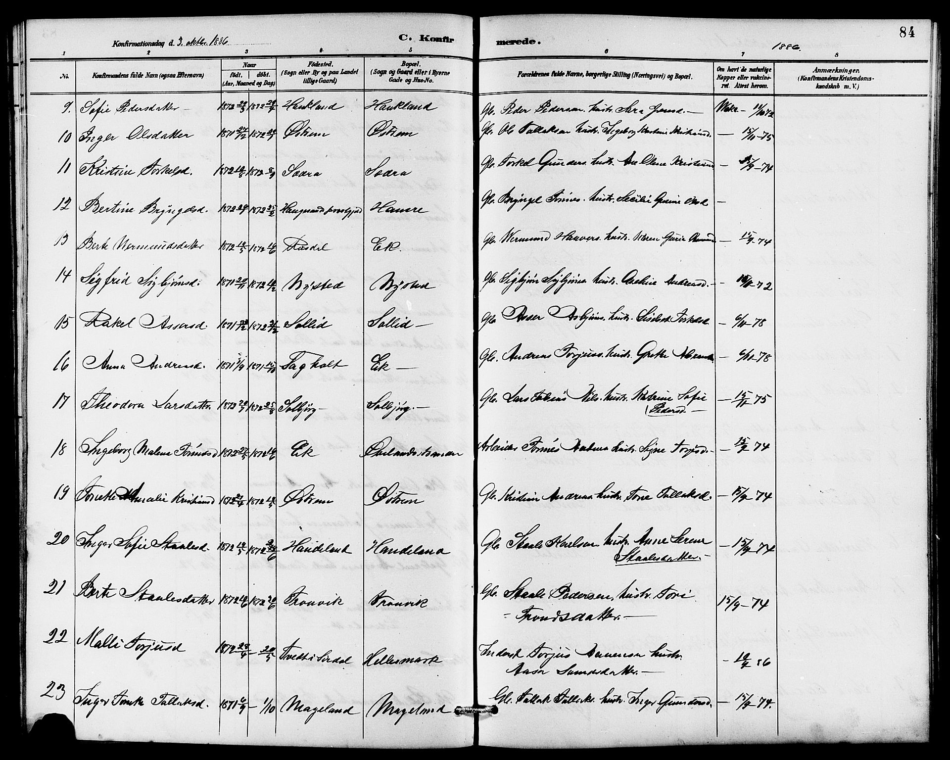 Lund sokneprestkontor, SAST/A-101809/S07/L0006: Parish register (copy) no. B 6, 1885-1901, p. 84