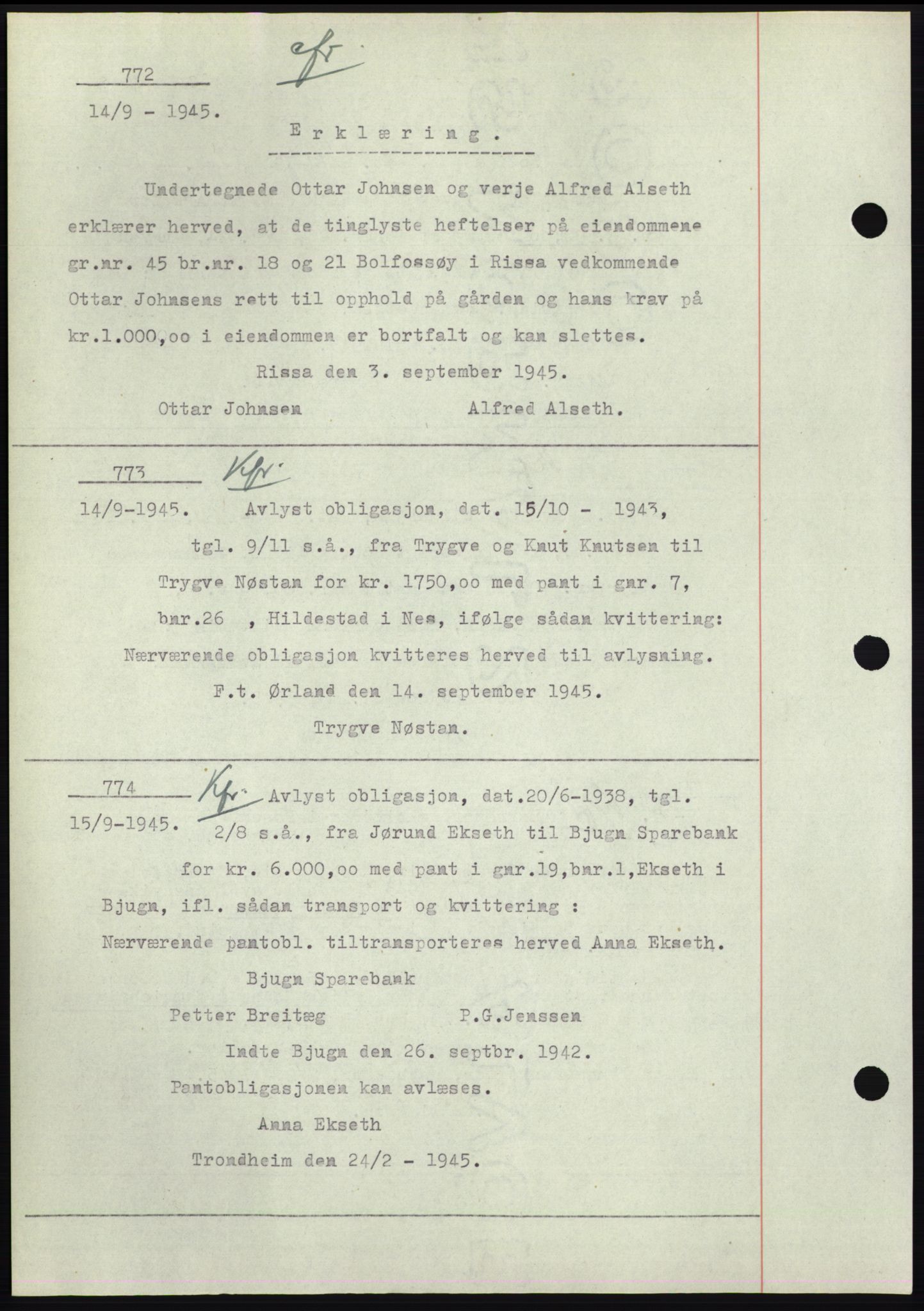 Fosen sorenskriveri, AV/SAT-A-1107/1/2/2C: Mortgage book no. B1, 1943-1946, Diary no: : 772/1945