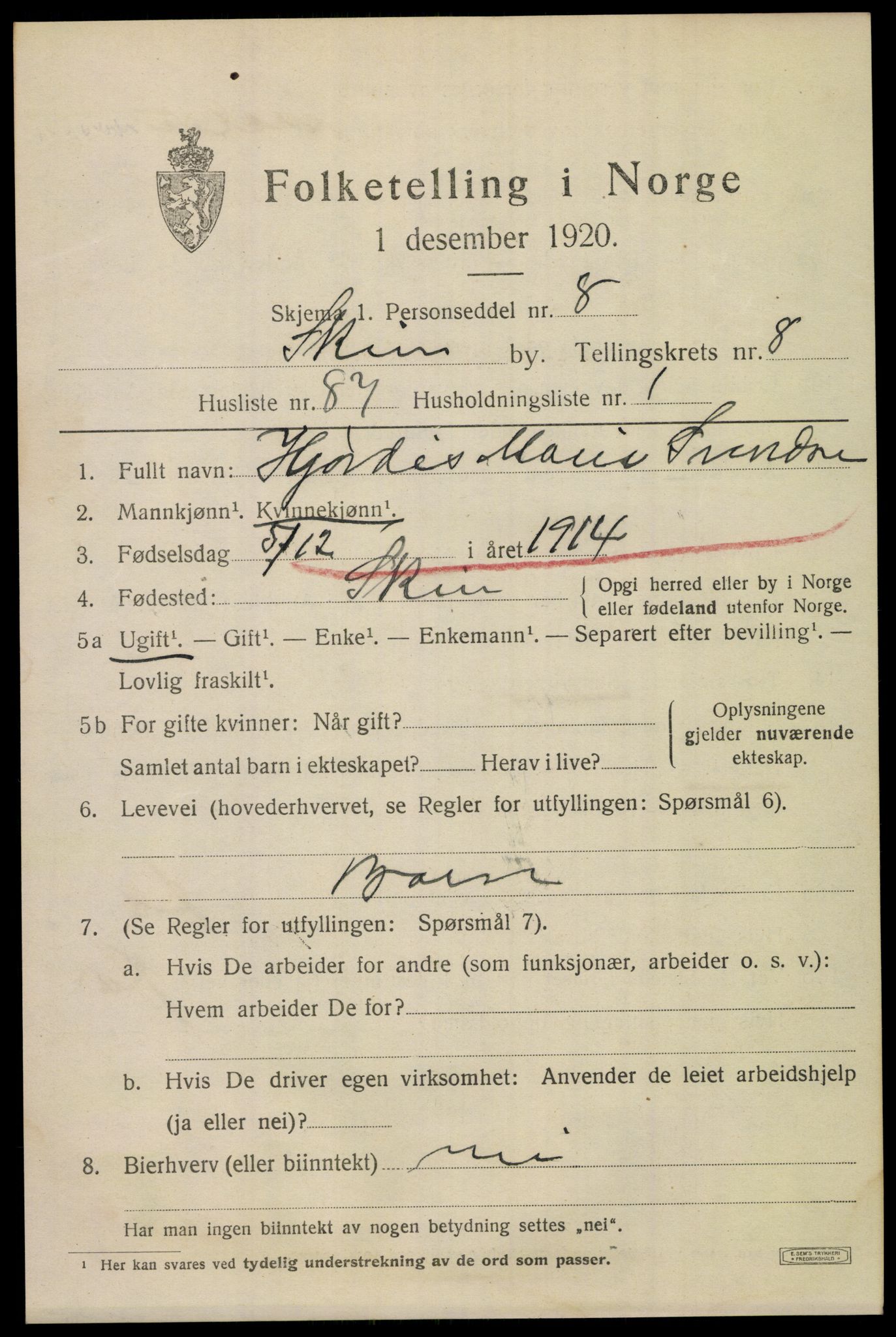 SAKO, 1920 census for Skien, 1920, p. 28608