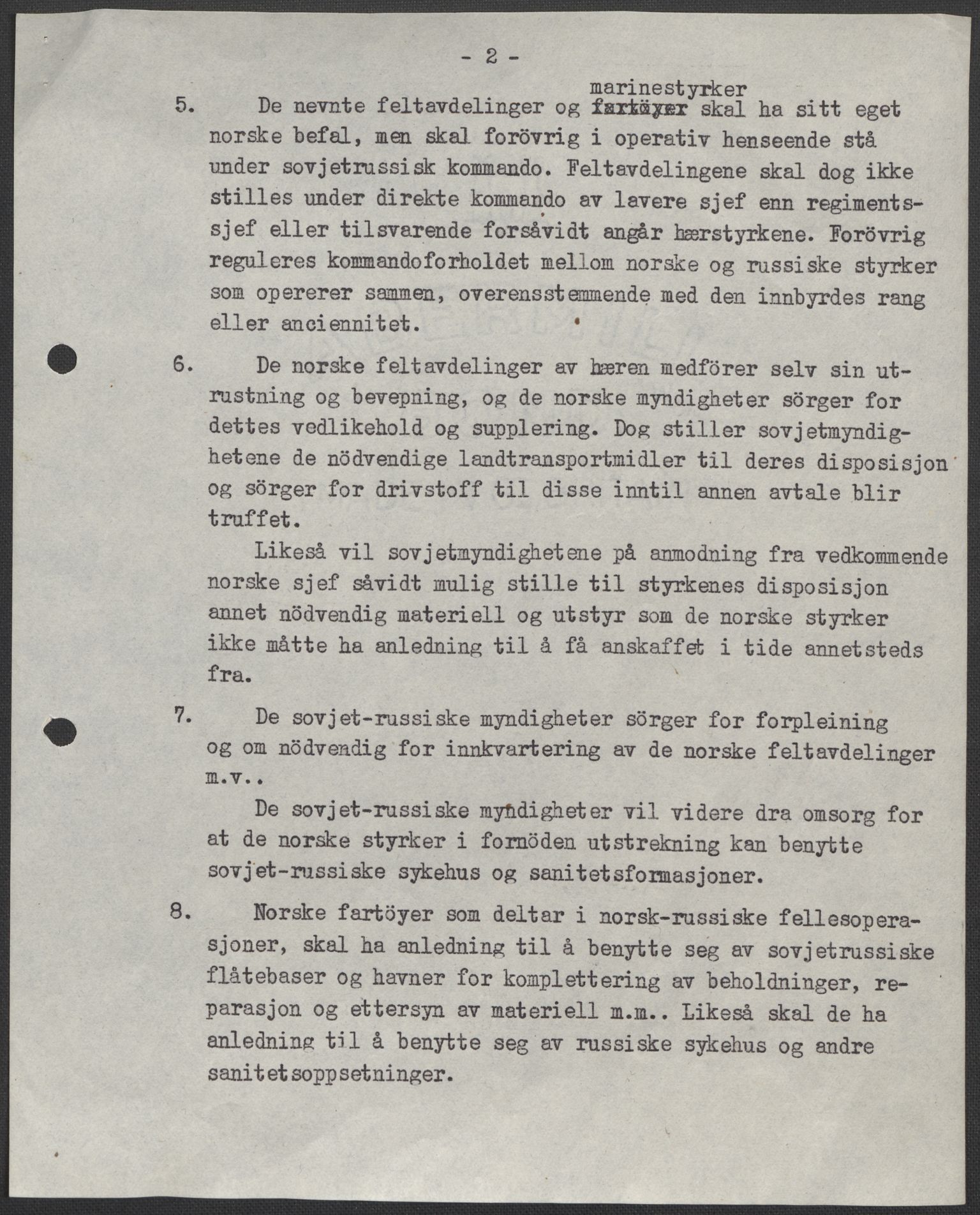 Forsvaret, Forsvarets krigshistoriske avdeling, AV/RA-RAFA-2017/E/Ec/L0137/0005: Kapitulasjon i 1945.  Opptakt og avslutning. / Utkast til avtale mellom Regjeringen og Sovjet 1944.  Protokoll Kirkenes  24.09.1945., 1944-1945, p. 4