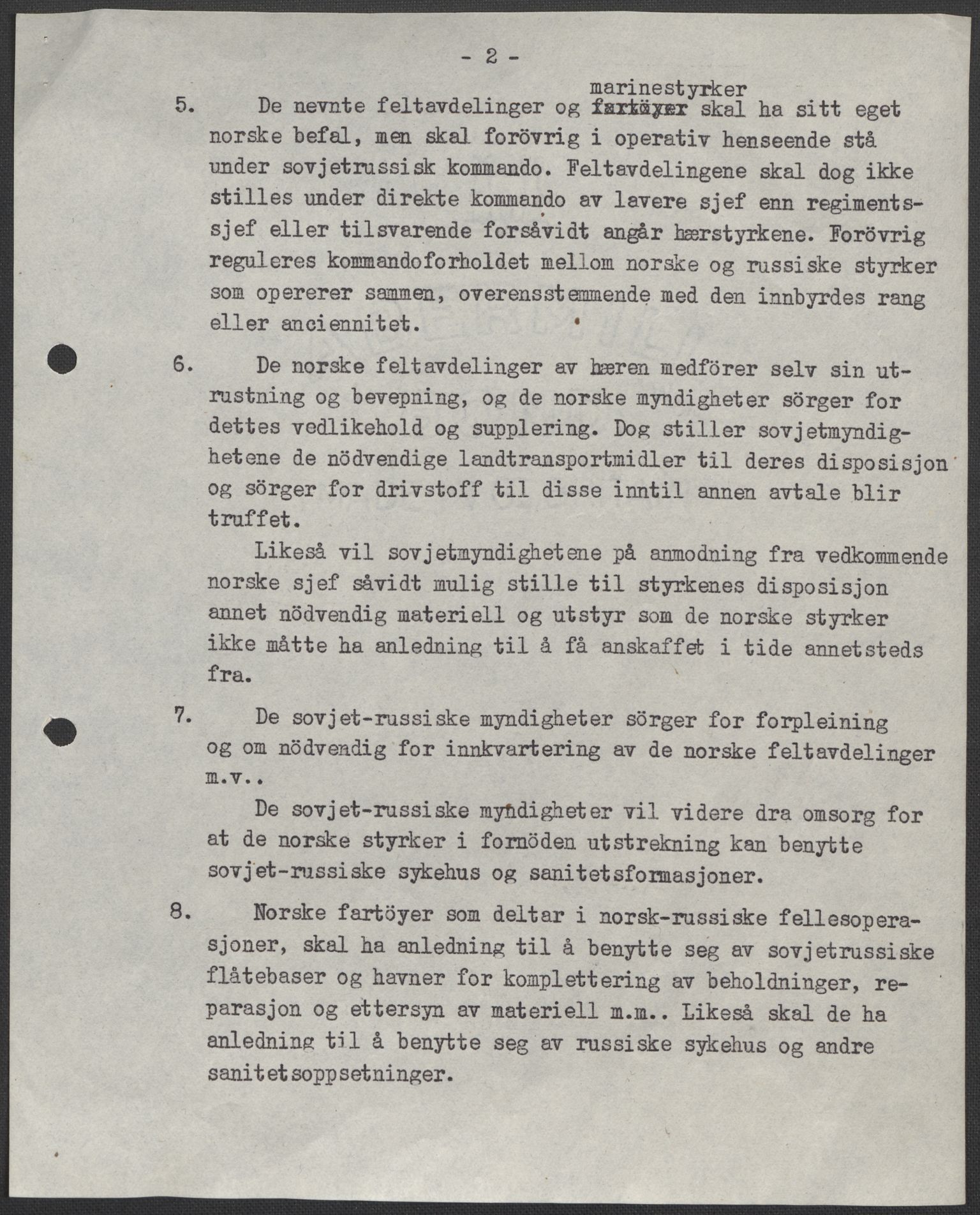 Forsvaret, Forsvarets krigshistoriske avdeling, RA/RAFA-2017/E/Ec/L0137/0005: Kapitulasjon i 1945.  Opptakt og avslutning. / Utkast til avtale mellom Regjeringen og Sovjet 1944.  Protokoll Kirkenes  24.09.1945., 1944-1945, p. 4