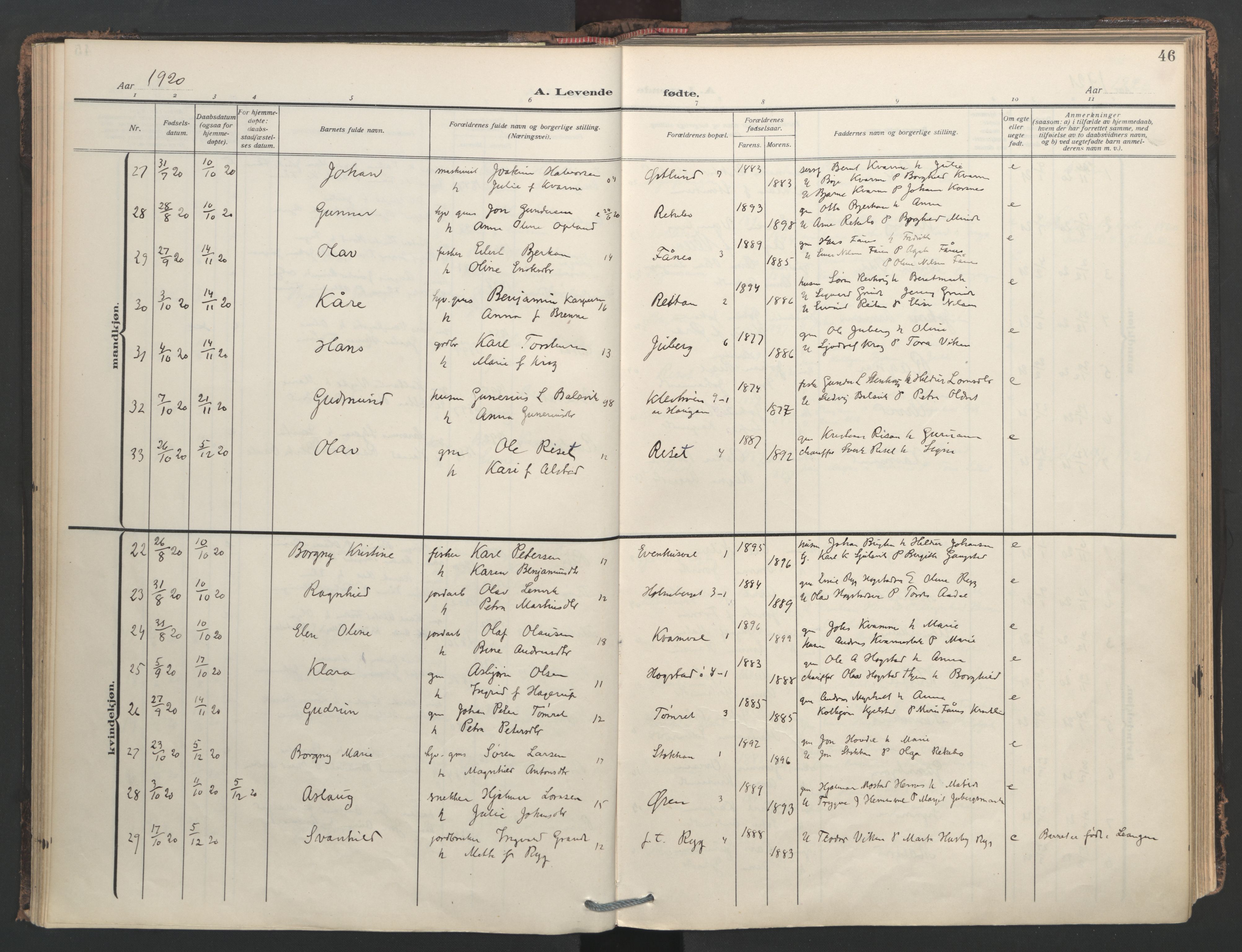 Ministerialprotokoller, klokkerbøker og fødselsregistre - Nord-Trøndelag, AV/SAT-A-1458/713/L0123: Parish register (official) no. 713A12, 1911-1925, p. 46