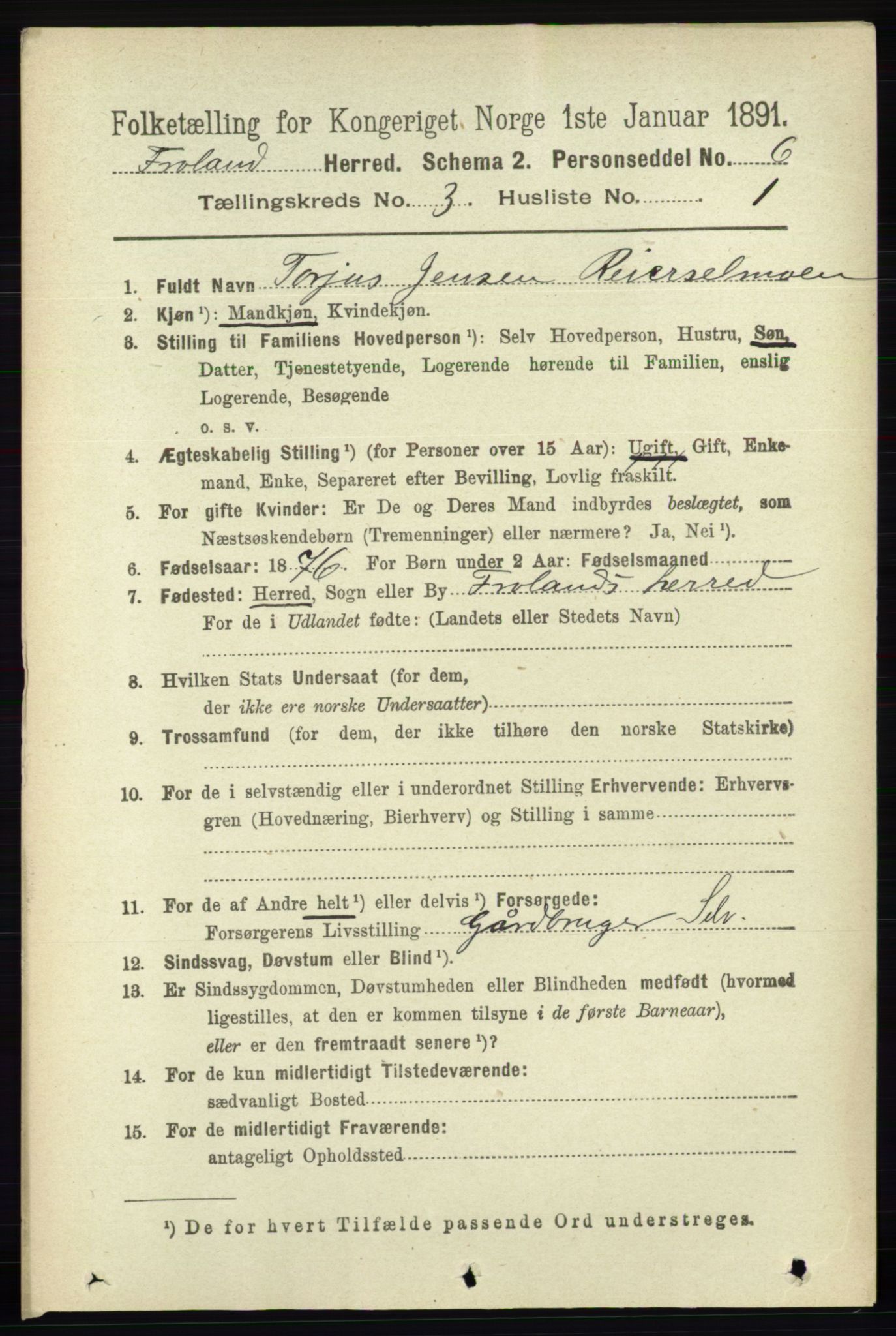 RA, 1891 census for 0919 Froland, 1891, p. 1020