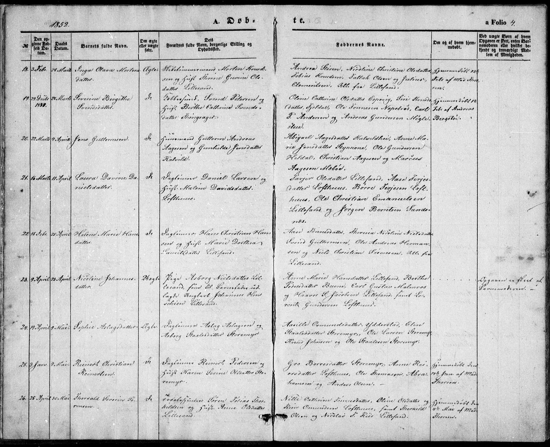 Vestre Moland sokneprestkontor, SAK/1111-0046/F/Fb/Fbb/L0003: Parish register (copy) no. B 3, 1851-1861, p. 4