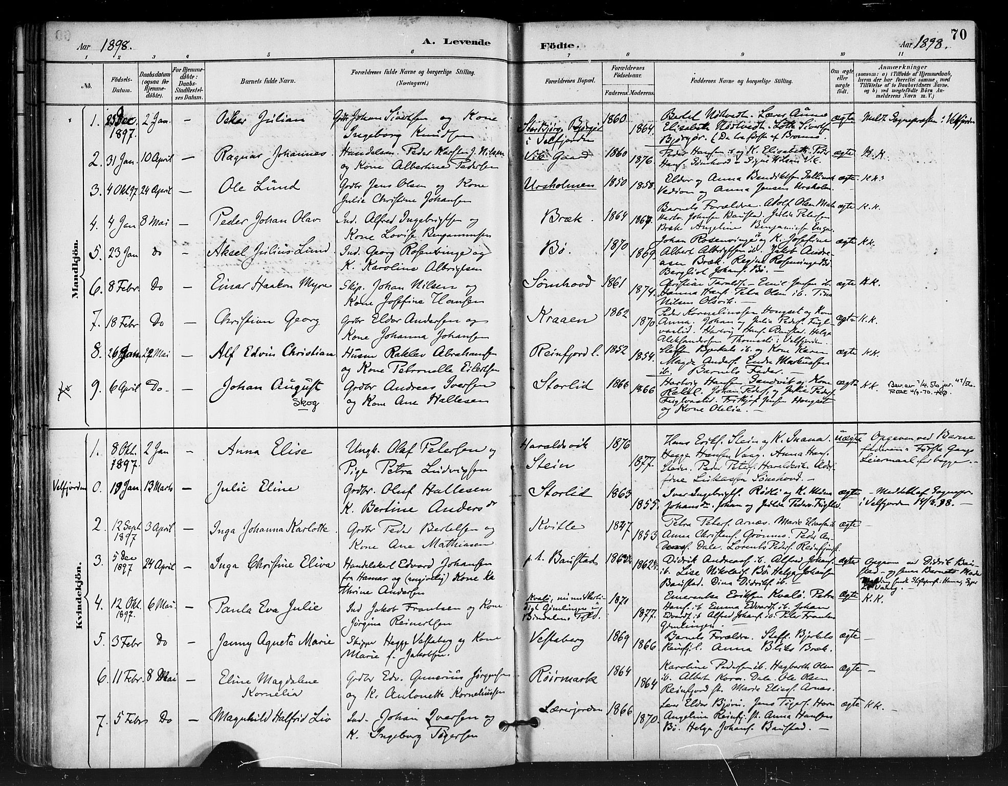 Ministerialprotokoller, klokkerbøker og fødselsregistre - Nordland, SAT/A-1459/812/L0178: Parish register (official) no. 812A07, 1886-1900, p. 70