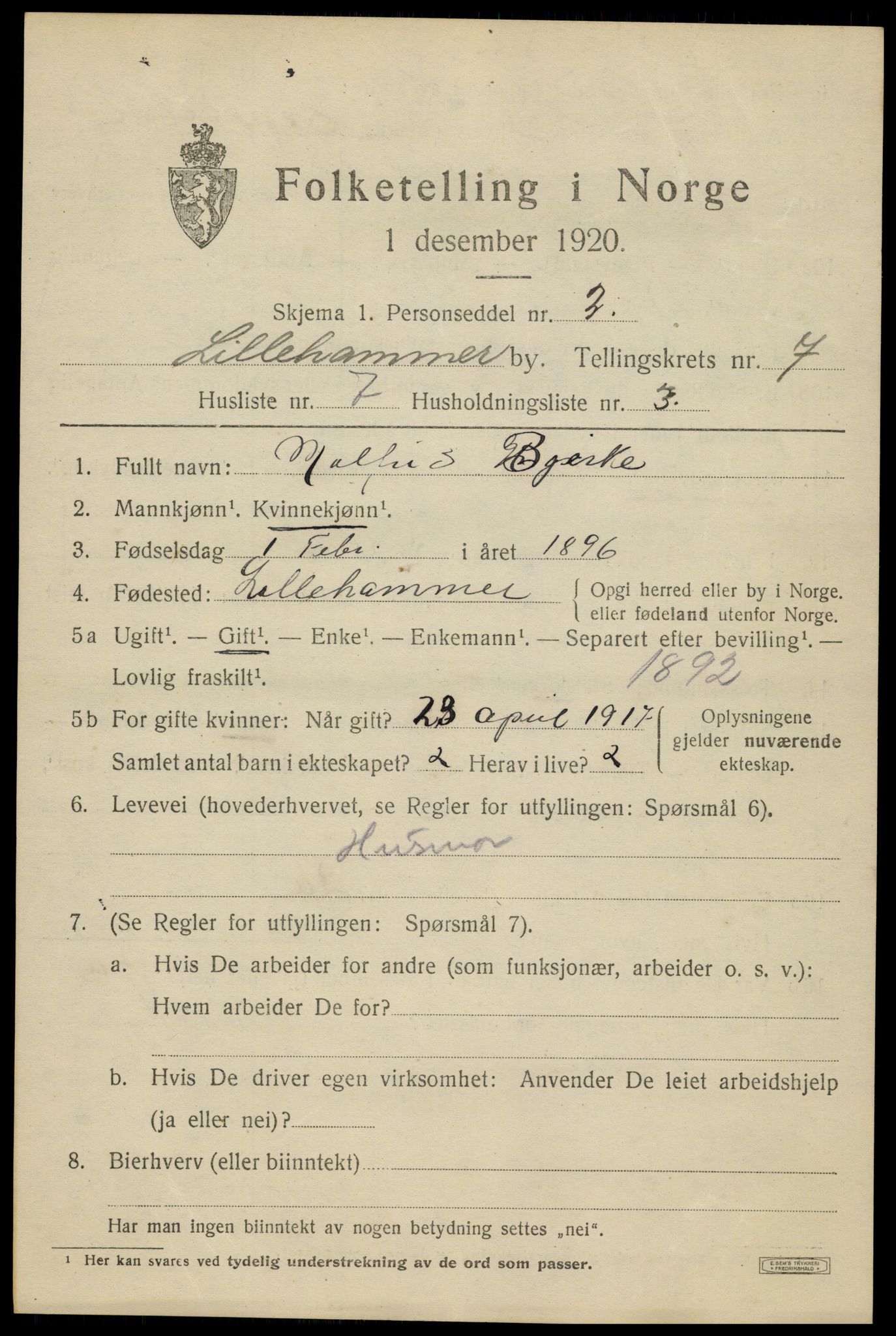 SAH, 1920 census for Lillehammer, 1920, p. 9612