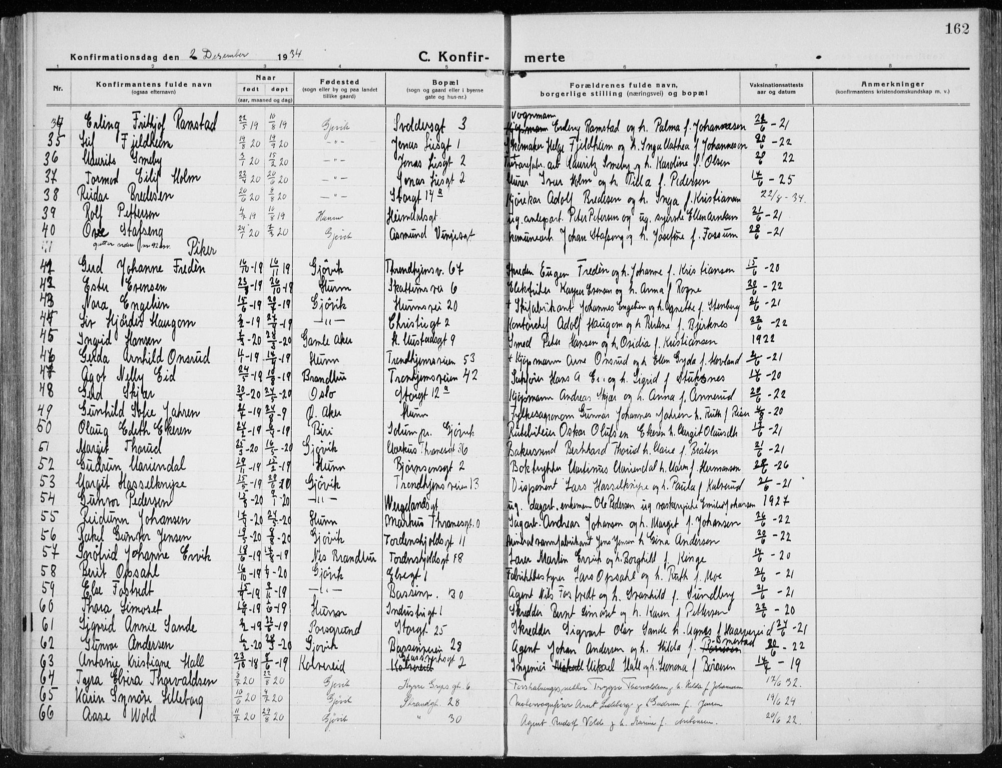 Vardal prestekontor, AV/SAH-PREST-100/H/Ha/Haa/L0015: Parish register (official) no. 15, 1923-1937, p. 162