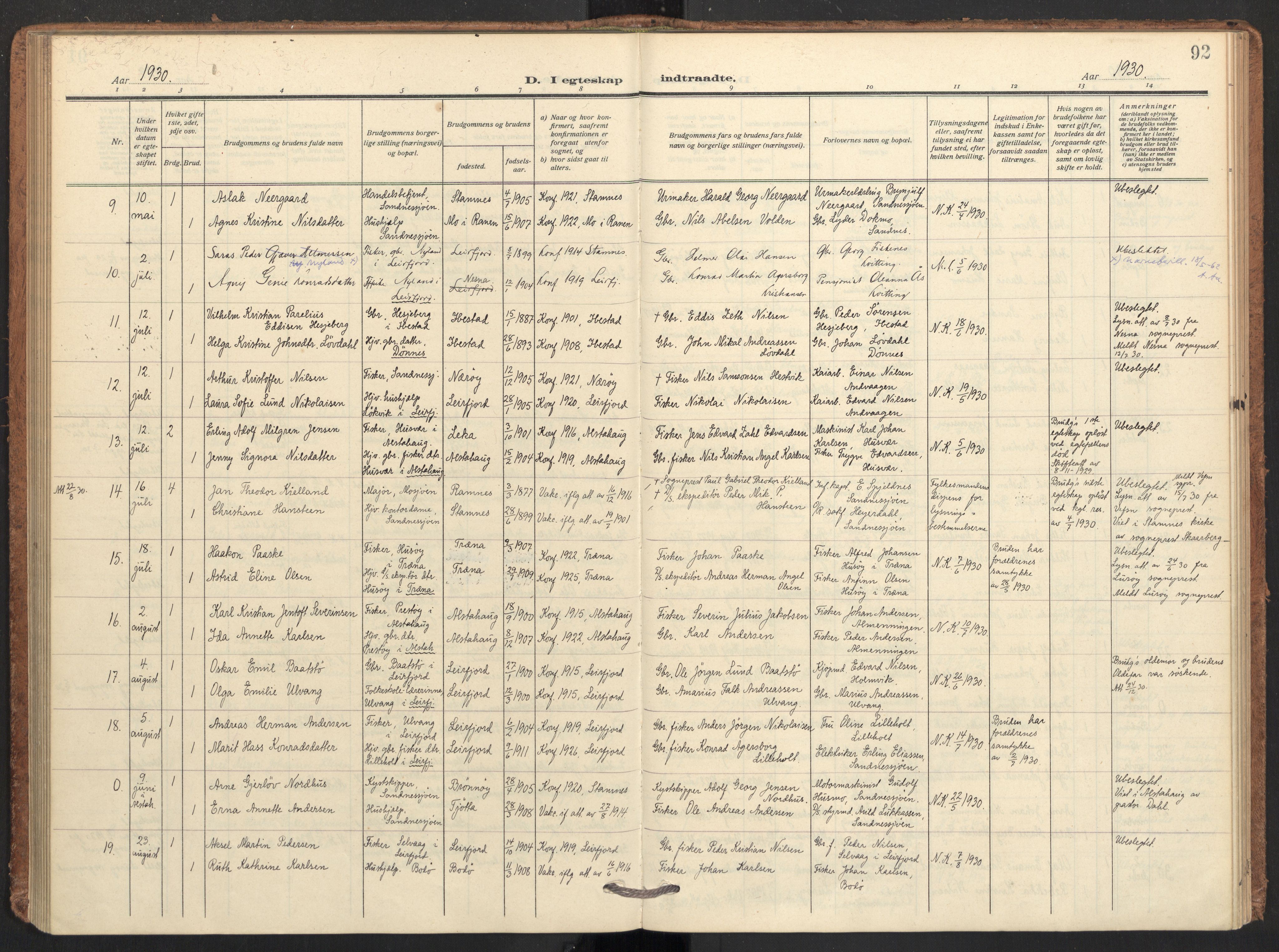 Ministerialprotokoller, klokkerbøker og fødselsregistre - Nordland, AV/SAT-A-1459/831/L0473: Parish register (official) no. 831A04, 1909-1934, p. 92