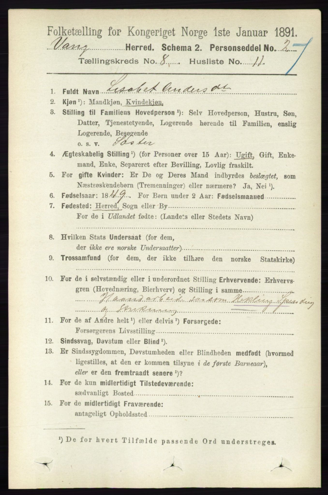 RA, 1891 census for 0414 Vang, 1891, p. 5665