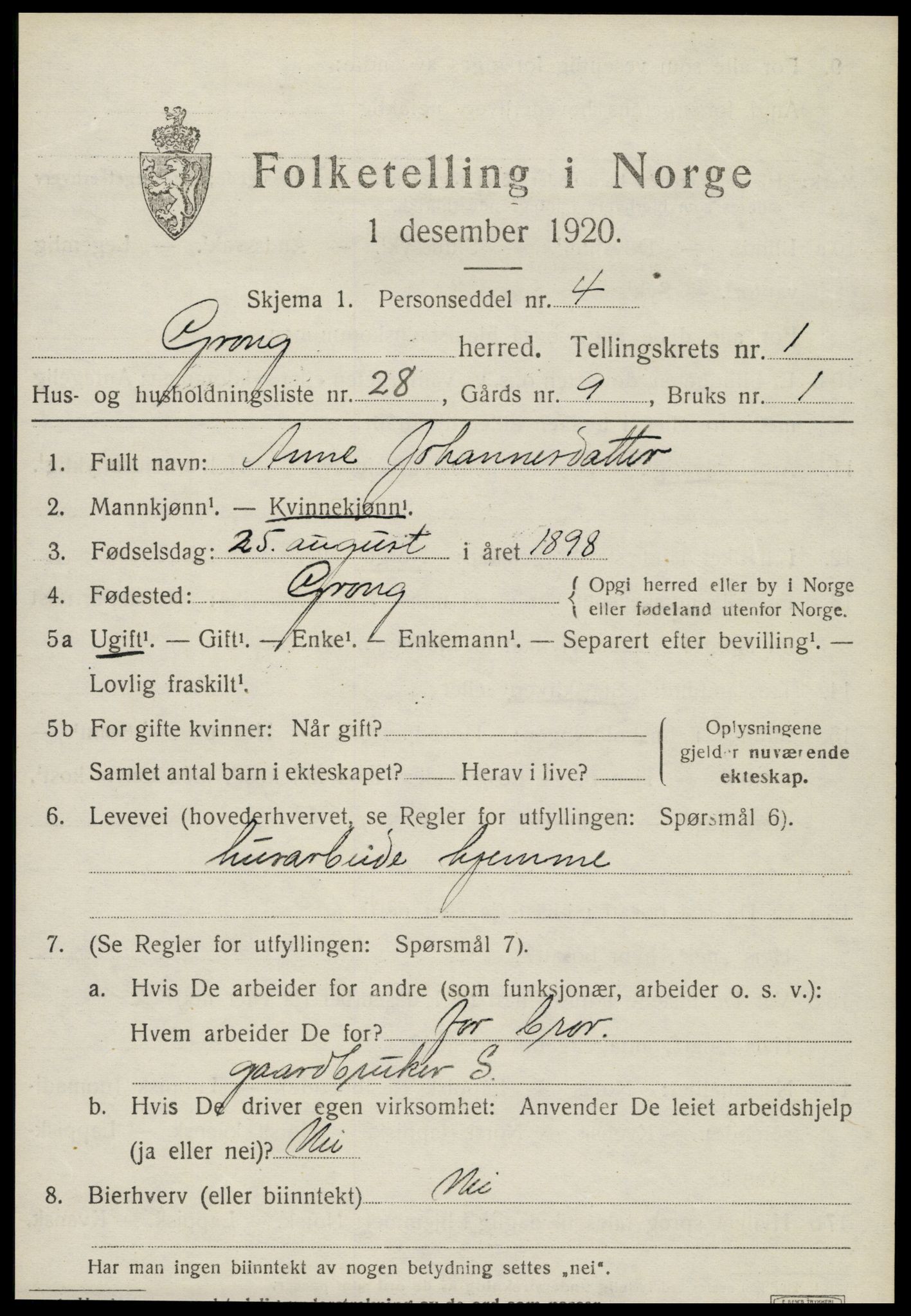 SAT, 1920 census for Grong, 1920, p. 1419