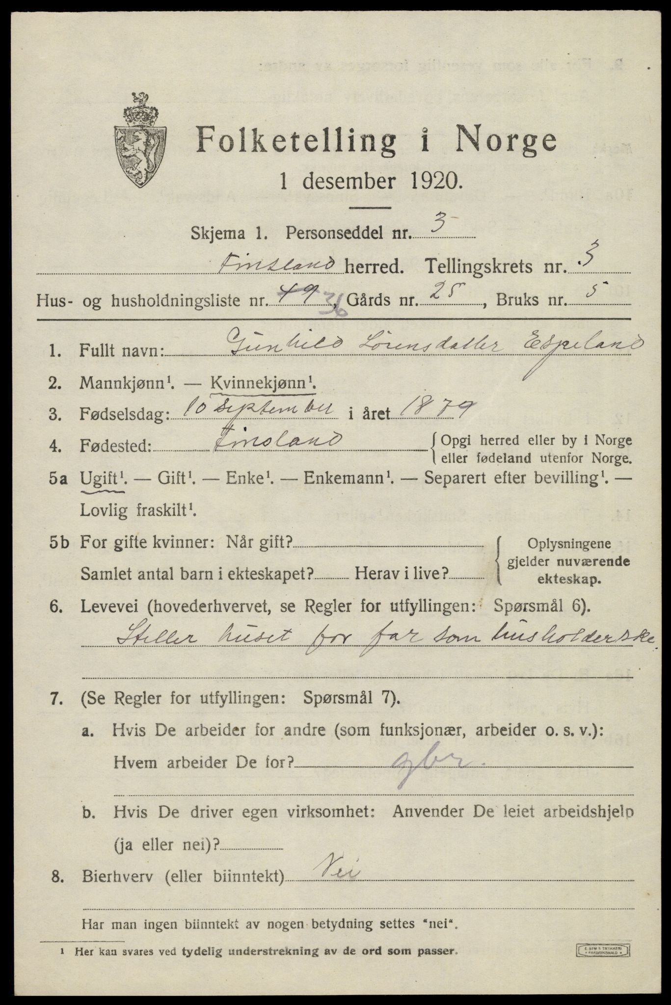 SAK, 1920 census for Finsland, 1920, p. 1600