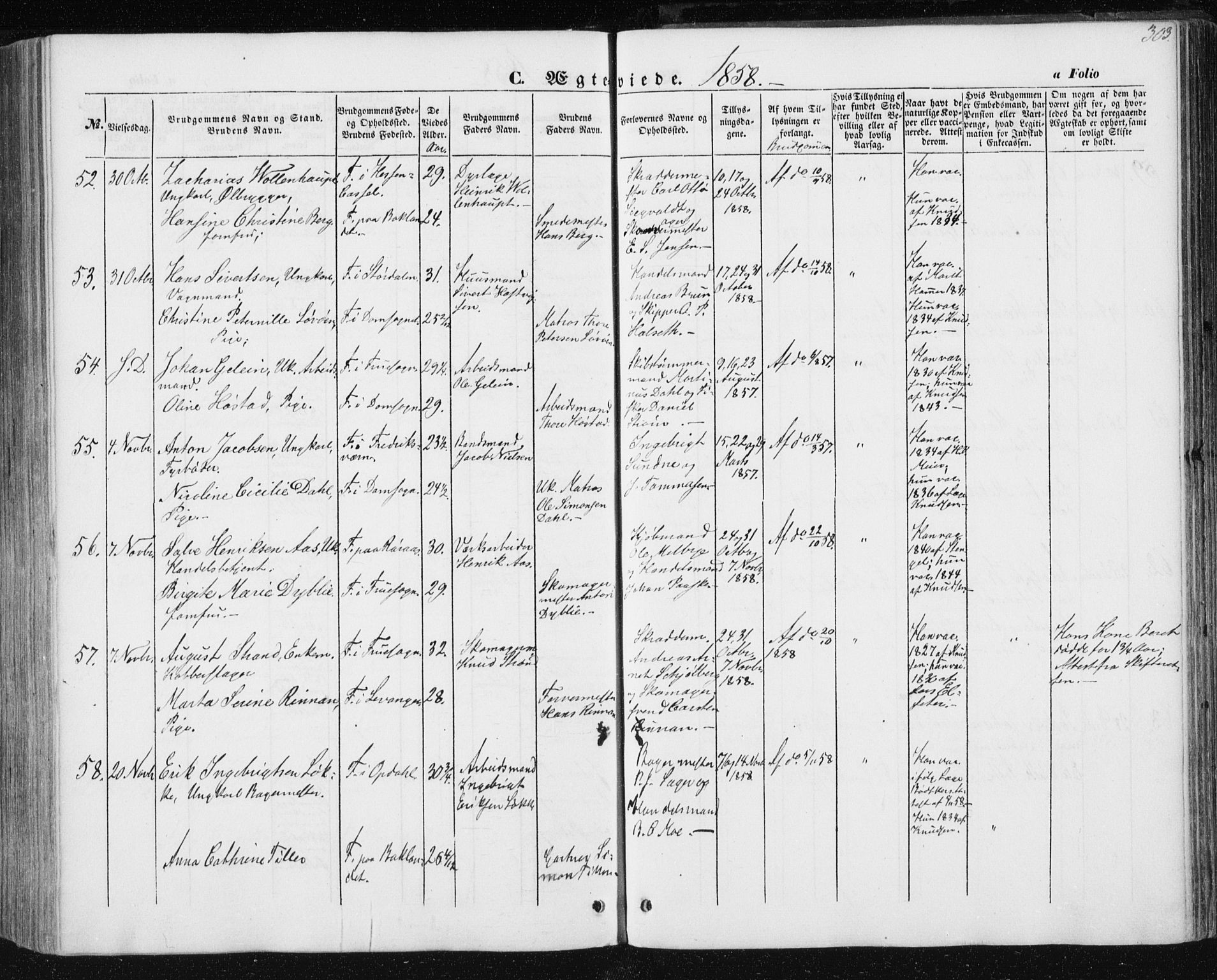 Ministerialprotokoller, klokkerbøker og fødselsregistre - Sør-Trøndelag, AV/SAT-A-1456/602/L0112: Parish register (official) no. 602A10, 1848-1859, p. 303